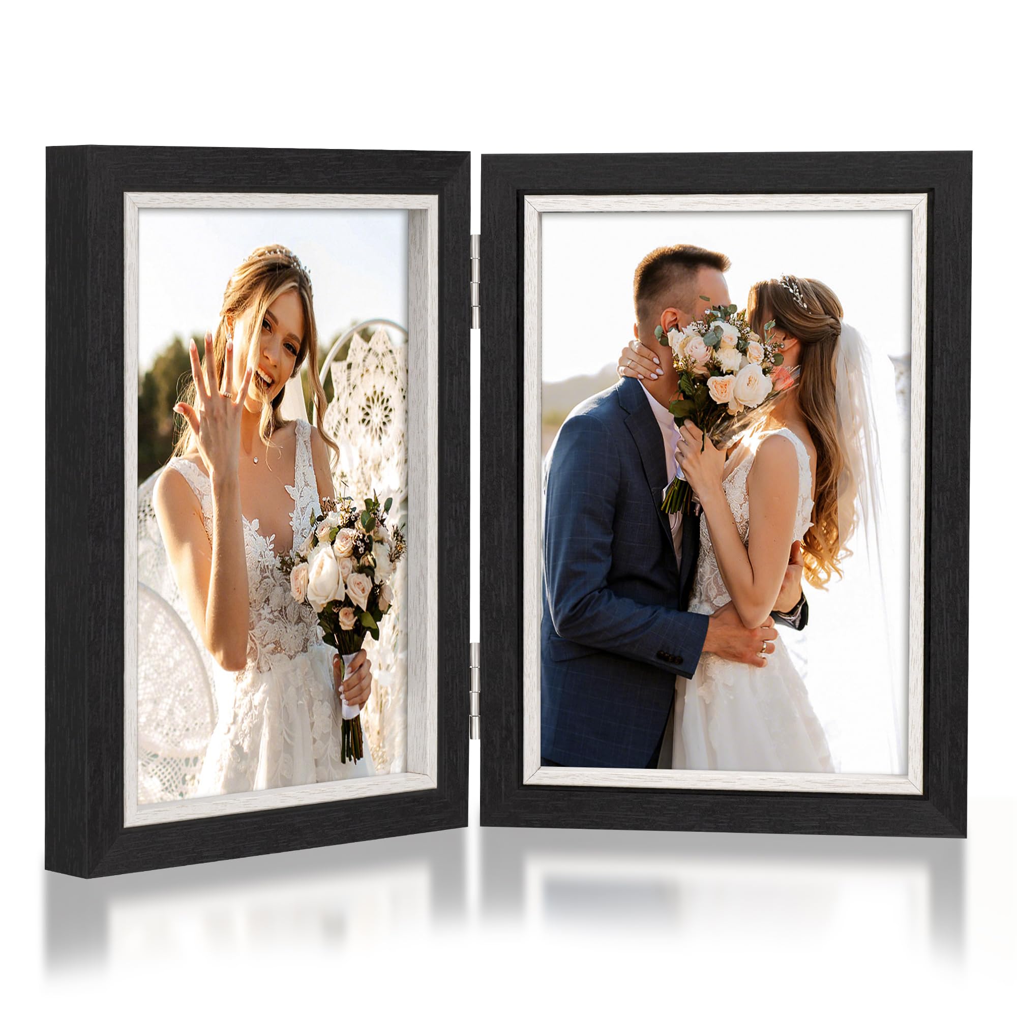 Double Photo Frame 6x4, Hinged Folding Wooden Photo Frame with Glass, Desktop Stand for 2 Photos, Perfect for Family, Wedding Gifts, Black