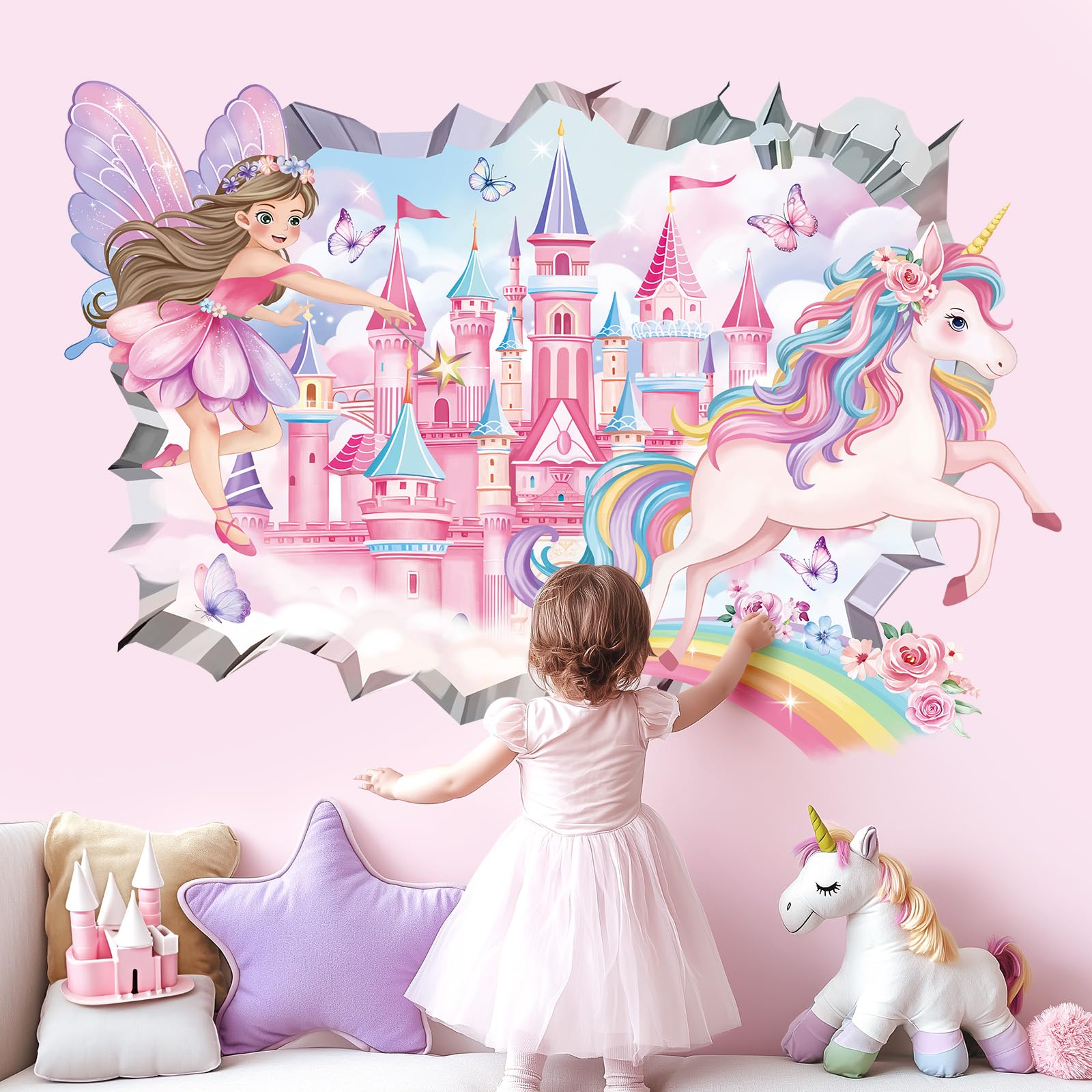 decalmile 3D Fairy Castle Wall Decals Unicorn Crack Hole Rainbow Wall Stickers Girls Bedroom Baby Nursery Kids Room Home Decor