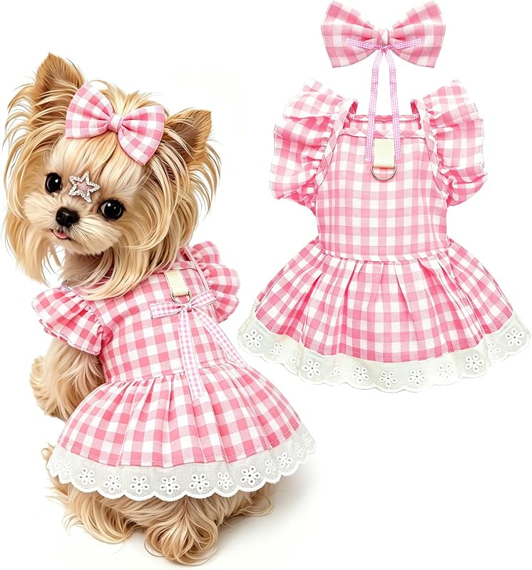 Vestido Peitoral Xadrez Rosa para Cães e Gatos Pequenos ABRRLO com Laço, Argola para Guia e Acessórios — Tamanho X-Large