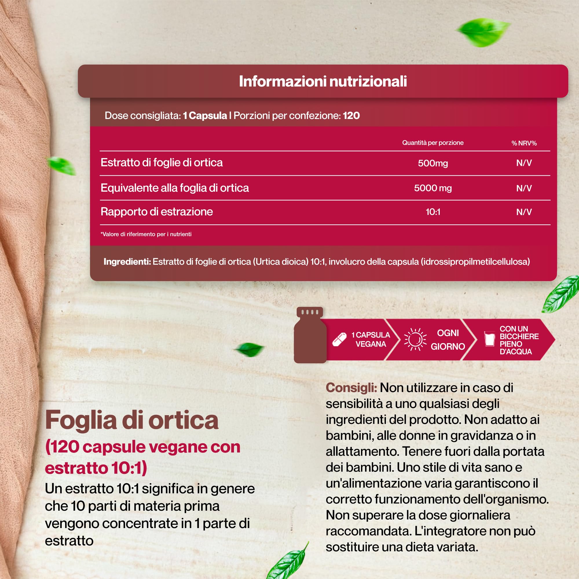 Hepatica Foglia di Ortica 5.000 mg Equivalente | Estratto Concentrato 10:1 da 500 mg | 120 Capsule Vegane | Scorta 4 Mesi | GMP & laboratorio indipendente