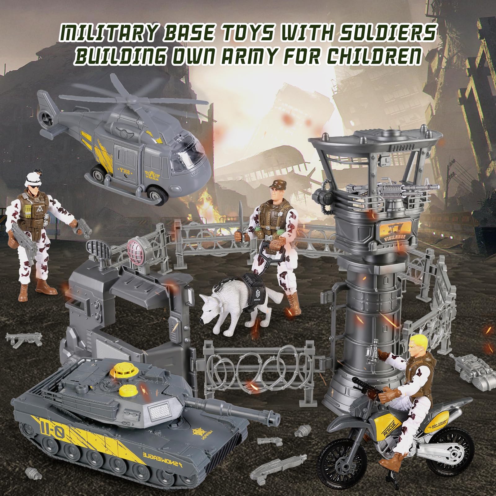 Militare Base Toys Set, Veicoli Militari Elicottero Tank Toys, Esercito Uomini Soldati Action Figure e Arma Gear Accessori Militari Combattimento Moto Giocattoli Regalo per Bambini Ragazzi Età 3+