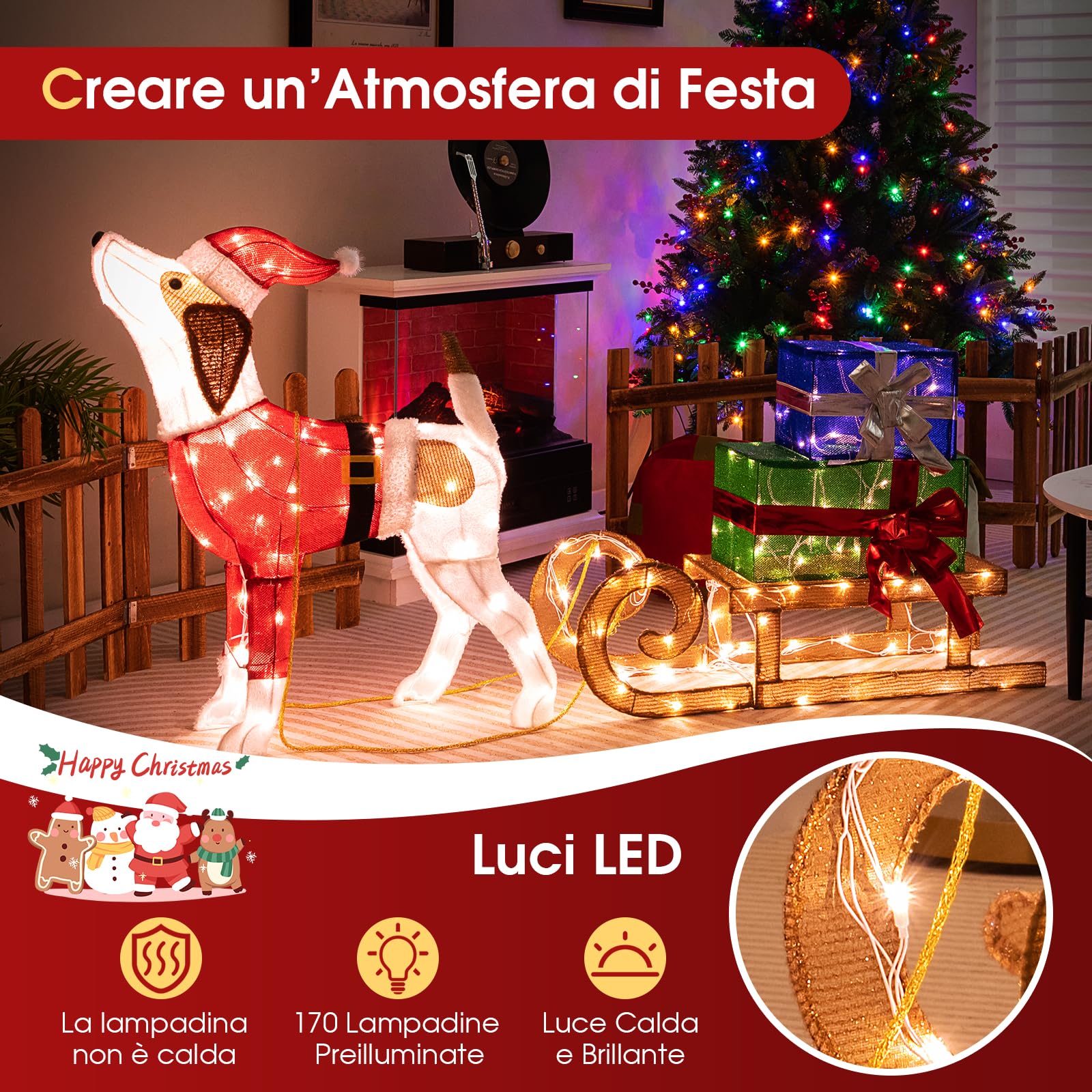 COSTWAY Decorazioni Natalizie Illuminate di Cane e Slitta, Luci Natalizie a Forma di Cane da Esterno Interno, Decorazione Natalizia Festosa con 170 Luci LED per Giardino e il Cortile
