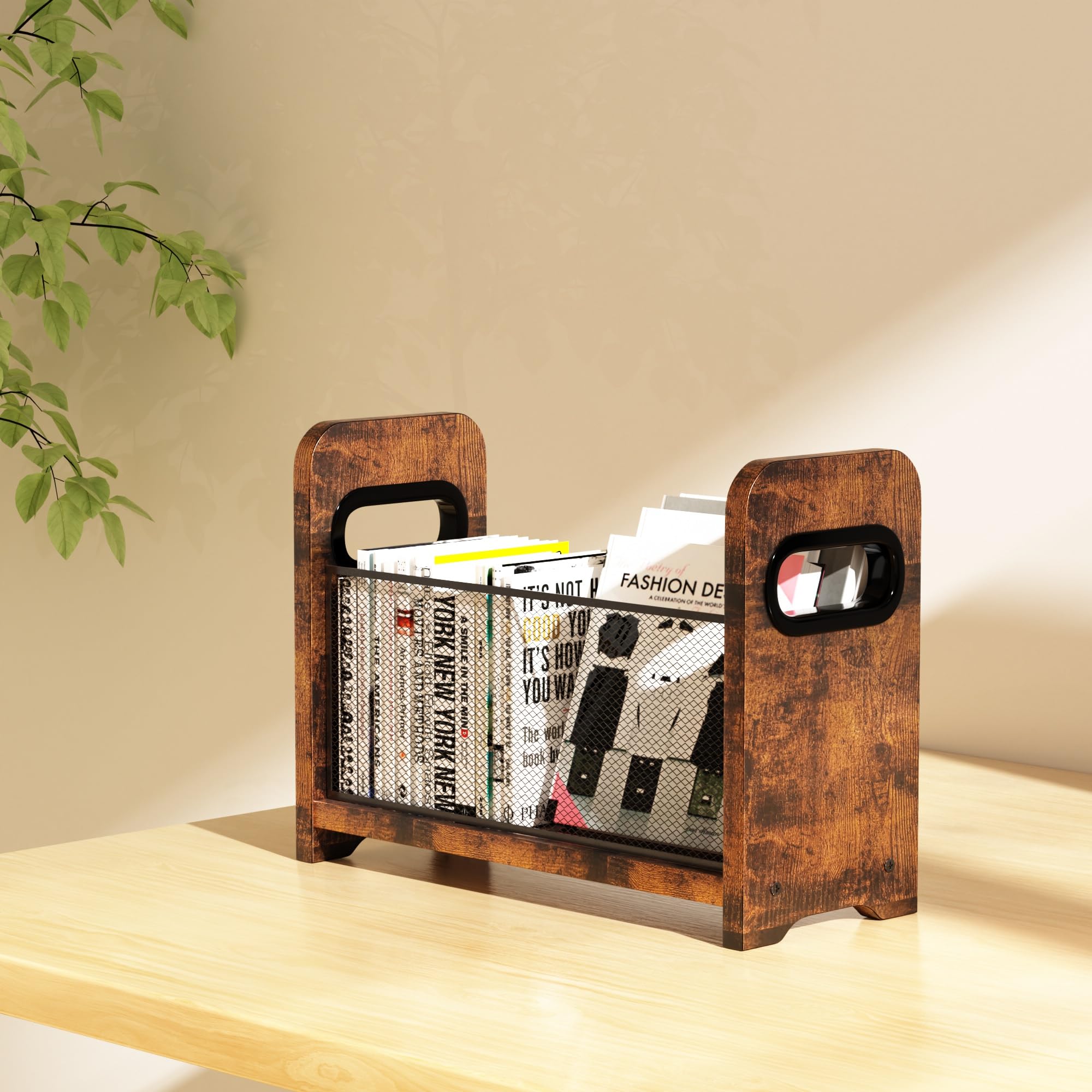 Portariviste e rastrelliera in legno, stile retrò, marrone, per libri, giornali, cartelle, organizer per scrivania/pavimento