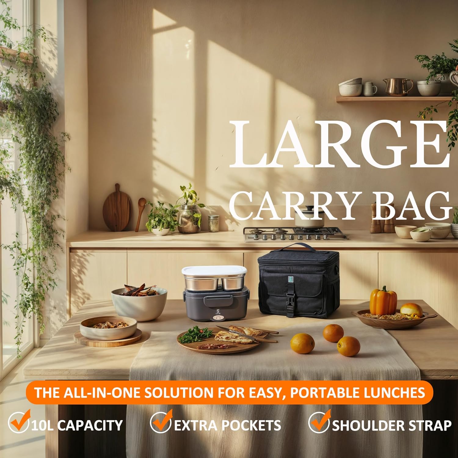 STN Electric Lunch Box 80w Heated Lunchbox For Adults,12/24/110V Warming Lunchbox for Car/Truck/Office with 2x1.5L Stainless Steel Containers,10L Insulated Bags,Big Cutlery Set - Image 3