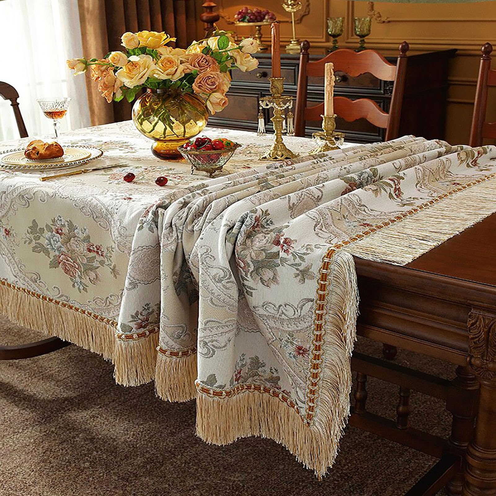 Tovaglia Rettangolare da Pranzo Stile Europeo retrò con Nappe Motivo Floreale Ricamato Lavabile per Cucina Sala da Pranzo Decorazione da Tavolo 140x200cm Beige