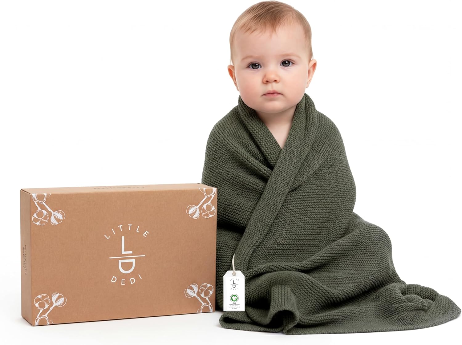 100% Organic Cotton Baby Knitted Blanket with Gift Box - Soft Toddler, Crib, Stroller Blanket - Neutral Swaddle and Receiving Blanket for Newborns, 30"x40", Pepper Green