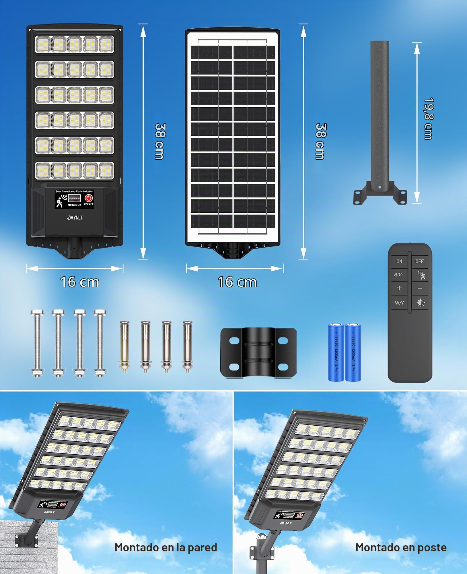 JAYNLT Farolas Solares Exterior, Foco Solar de Seguridad con Sensor de Movimiento, 6500K Luces Solar Exterior para Jardín, Patio, Tienda-2 Unidades
