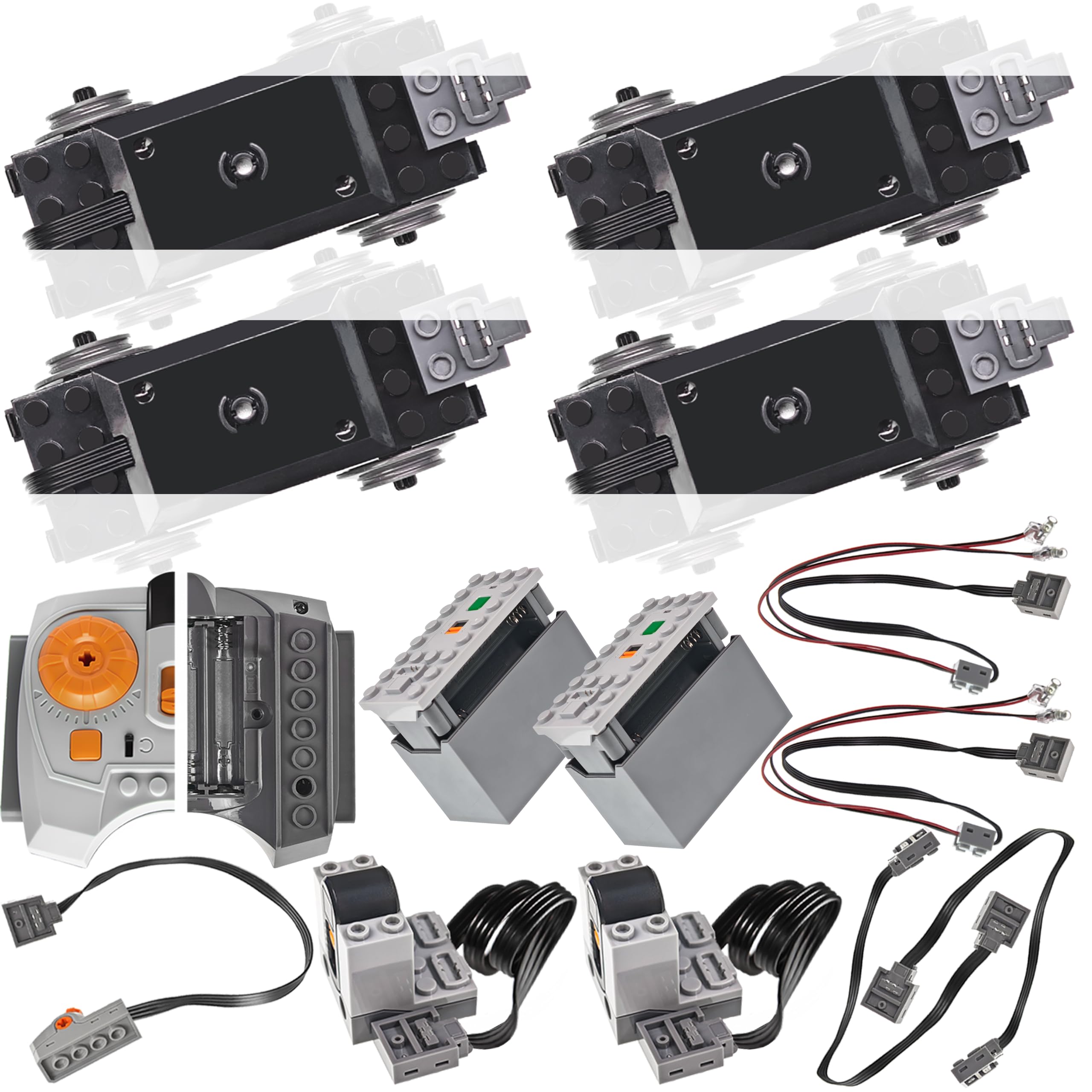 38 pieces Power Function Technic Parts Kit includes Train Motor, IR Speed Remote Control, Battery Box, IR Receiver, Extension Wire, Light Cord, Control Switch, etc. Compatible with Lego Motor