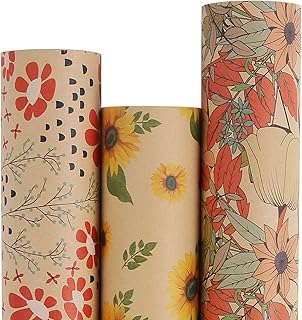 Aimyoo Kraft Floral Wrapping Paper Bundle, Vintage Spring Flowers Rose G...