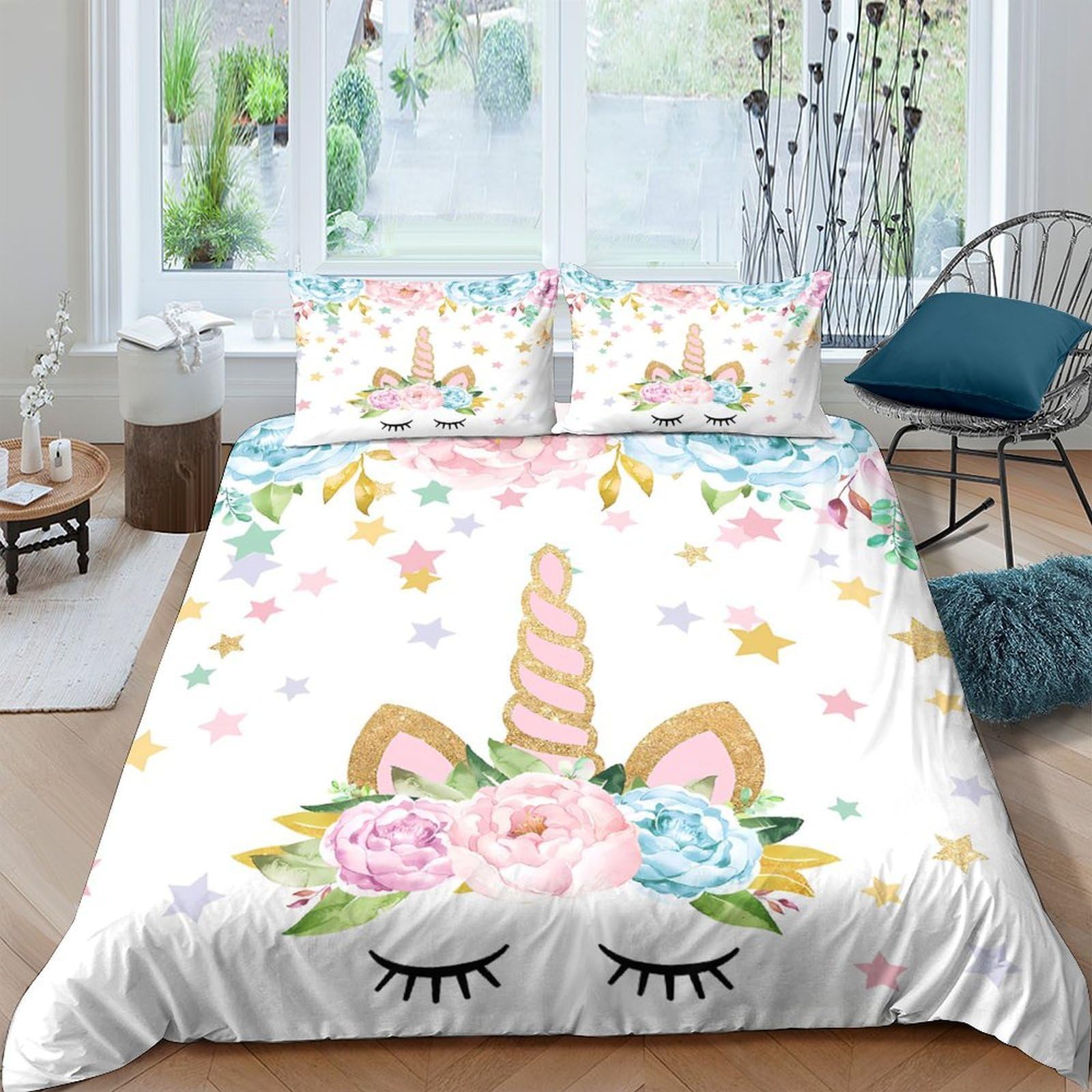 TUFRTGYHN 3D Printed Unicorn Floral Duvet Cover Microfiber Soft Breathable Pastel Bedding Set with 2 Pillowcases for Bedroom Decor Single（135x200cm）