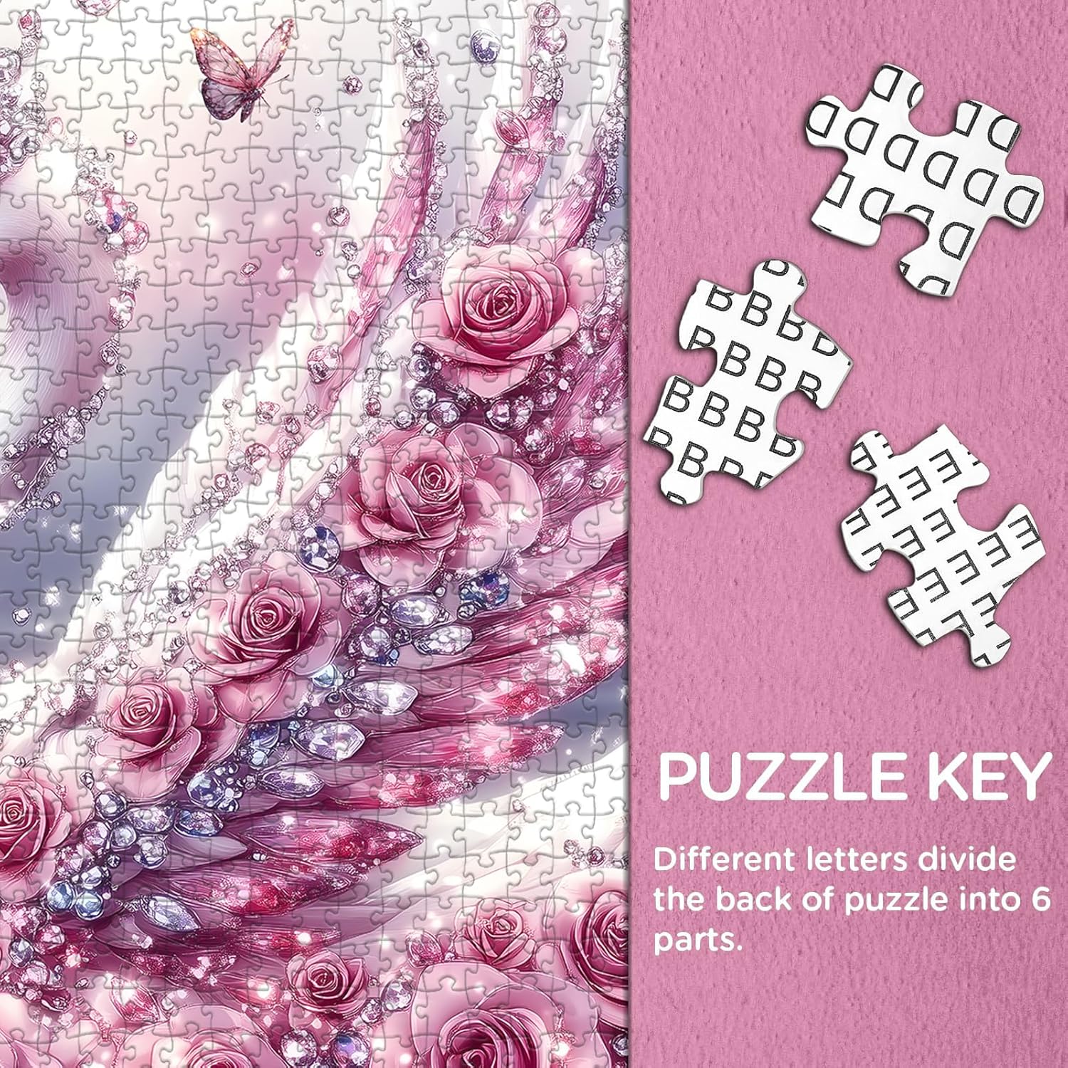 Animal 1000 Piece Jigsaw Puzzle for Adults, White Swan Butterfly Puzzles, Pink Diamond Jewels Rose Puzzle As Home Decor