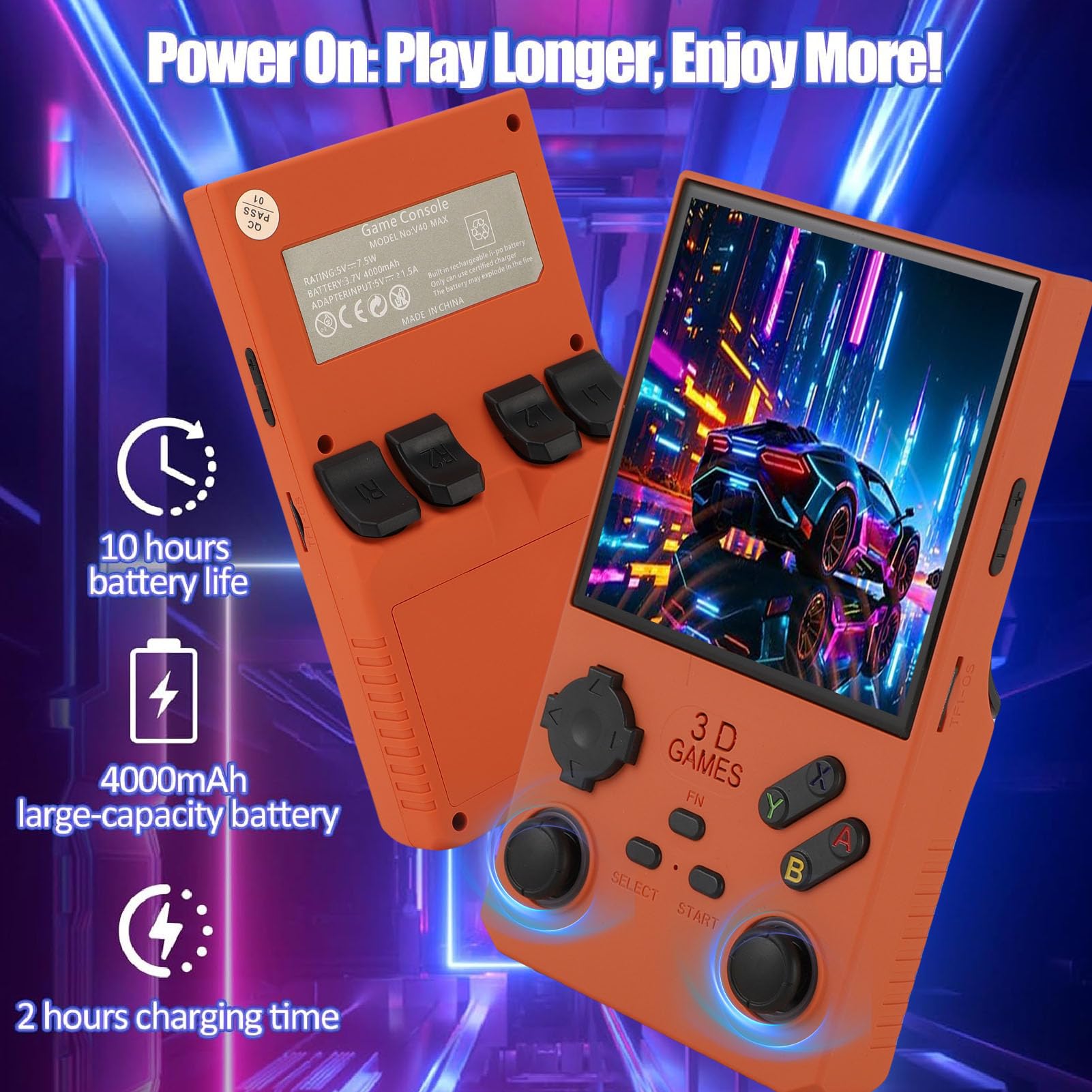 Goshyda Handheld -Spiel, Tragbare Retro -Gaming -Konsole mit RGB -Farben, die in 256 GB Speicherkarte 45 Emulatoren Eingebaut Sind, 4.0 Im HD -Bildschirm Video Player (ORANGE)