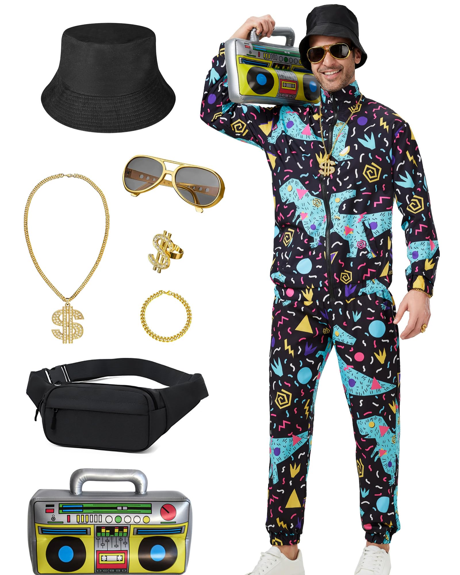Ezuwail 80s Tracksuit Men's Outfit Halloween Costume Men's Party Outfit Carnival Cosplay Costume 90s Outfit Sports Suit 9 Pieces (Black Green / S) โ image 1