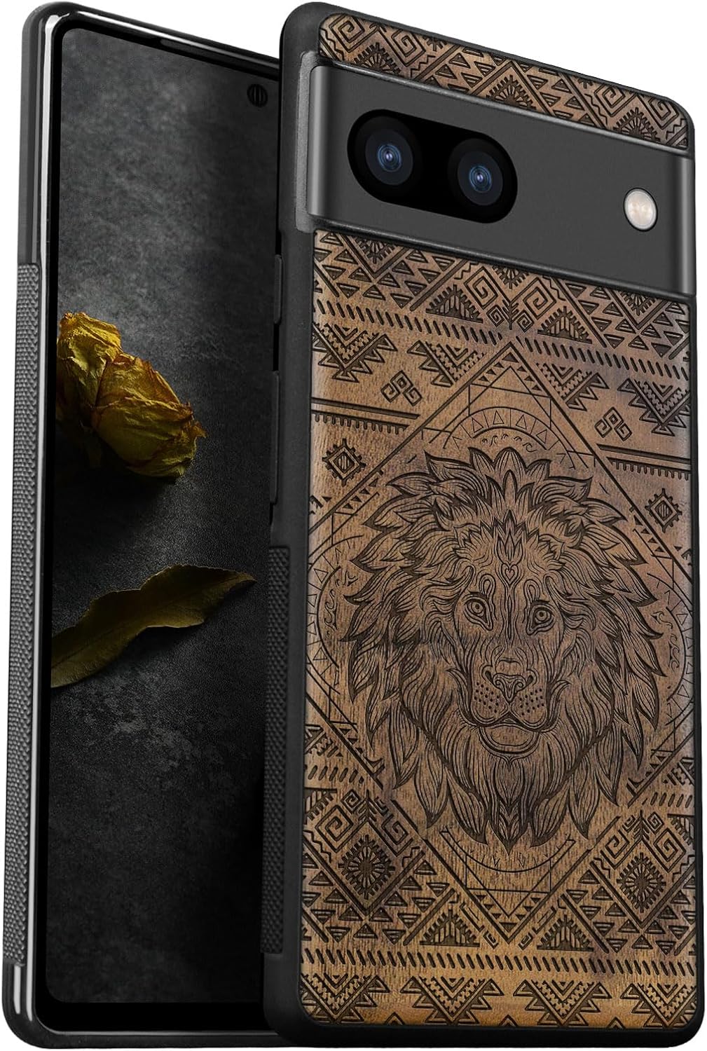 Carveit Wood Case for Pixel 7a Case [Natural Wood & Black Soft TPU] Shockproof Protective Cover Unique Wooden Phone Case Compatible with Google Pixel 7a (Filigree Lion-Walnut)