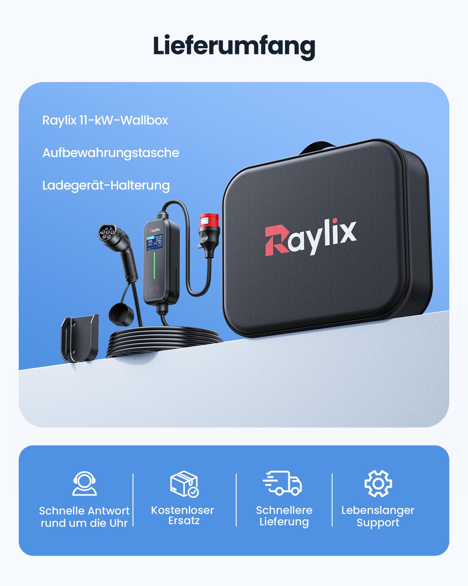 Raylix 2026 Neu 11kW Mobile Wallbox Typ 2 Ladekabel (7m 8A-16A 3-Phasig) mit Stromzähler & Einstellbarem Strom & Verzögertem Laden, Ladekabel CEE 16A auf Typ 2 und Ladestation Ladeziegel EV Charger