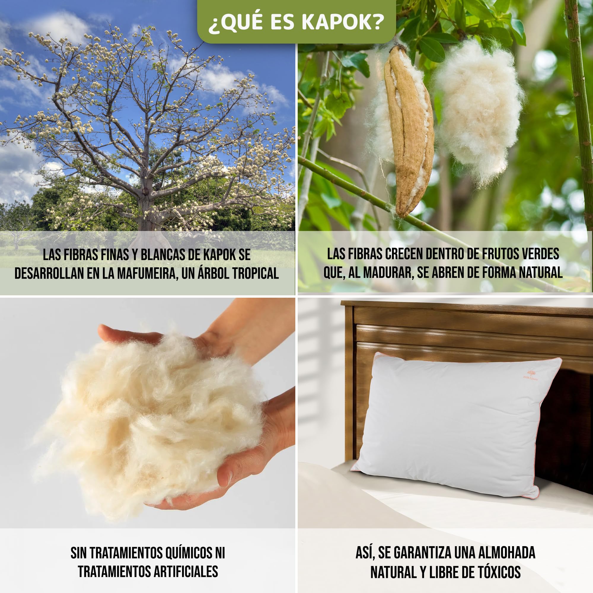 Genérico Almohada de Kapok Natural 65x45x18 cm con Funda de Algodón | Relleno de Kapok, Suave, Antialérgica, Antibacteriana, Para Dormir de Lado
