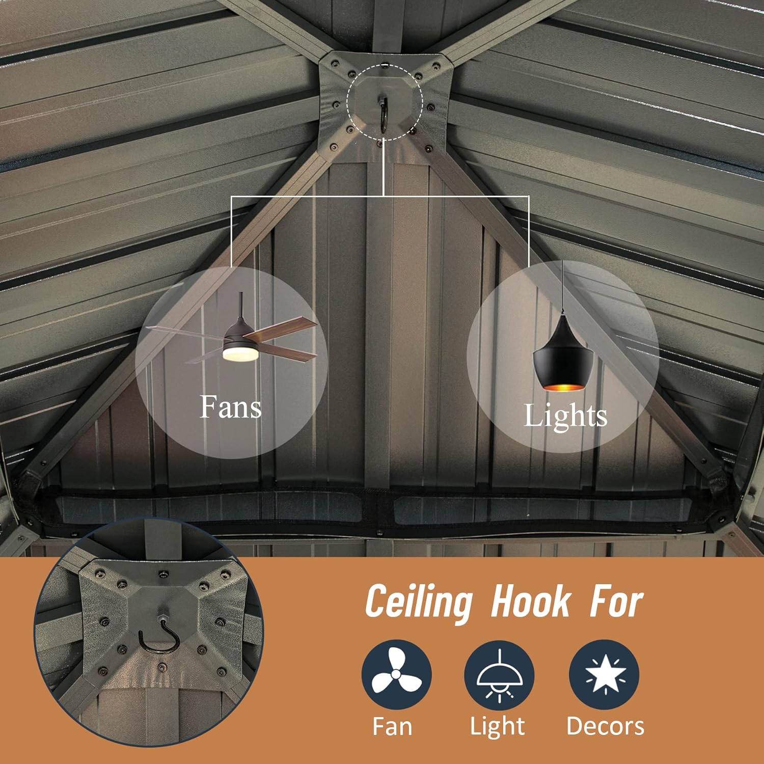 Interiér view of the gazebo roof showing a central ceiling hook designed for hanging fans, lights, or decorations.