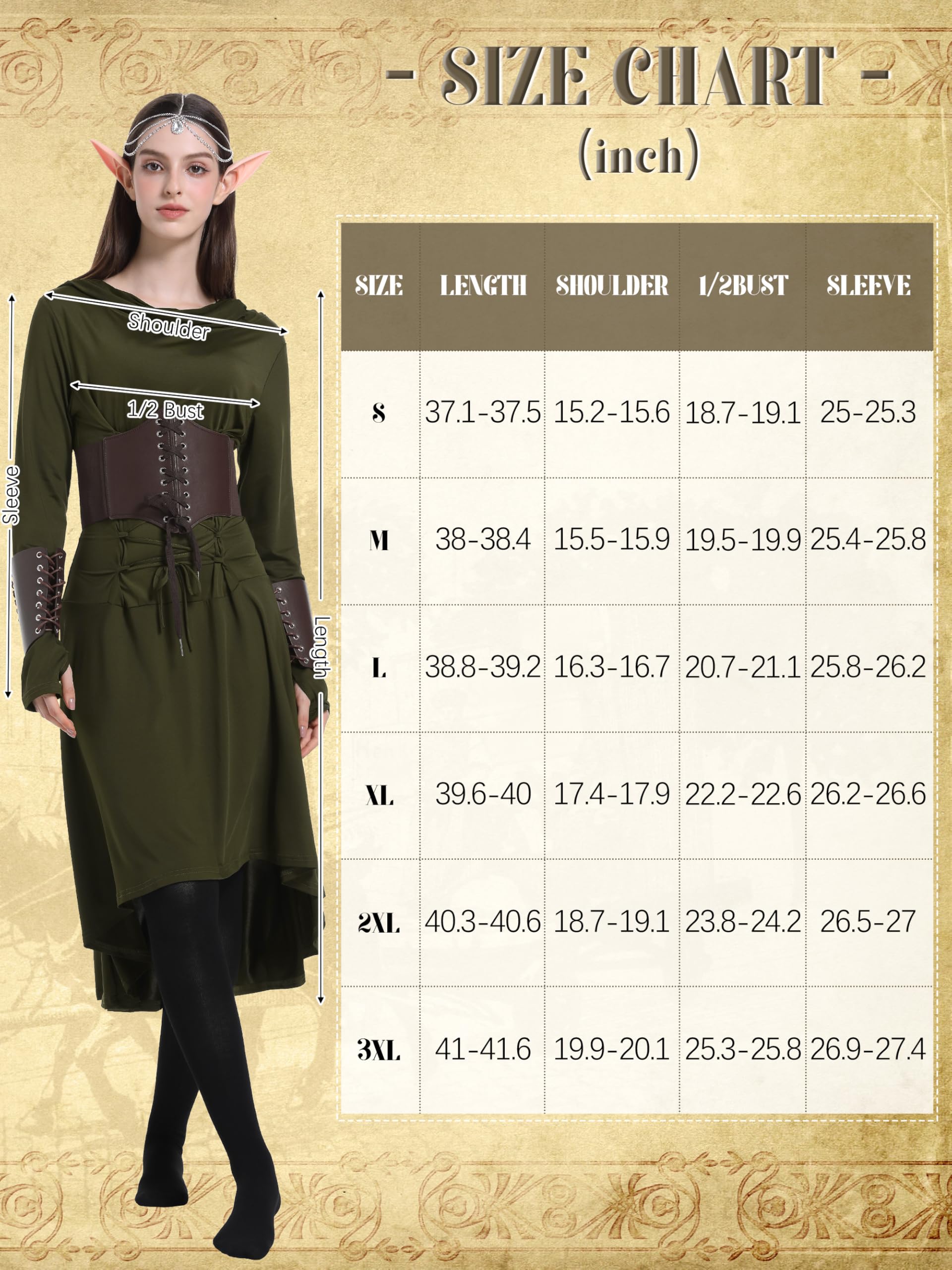 6 Pcs Renaissance Costume Women, Medieval Dress for Women Fairy Costumes Elf Viking Dress for Halloween Ren Faire Army Green L