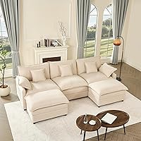 GOSUHI 108" U-Shaped Modular Sectional Sofa, Beige Linen Cloud Couch with Movable Ottoman, Deep Seat 3-Seater for Living Room