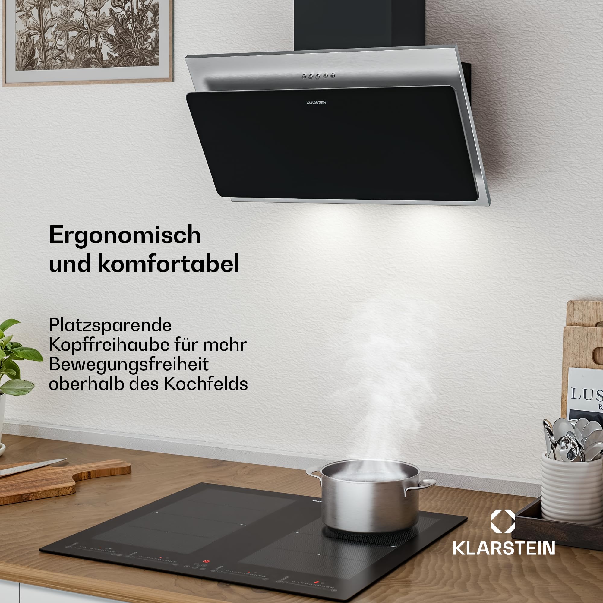 Klarstein Alessia Kopffreihaube - 60cm Abzugshaube, Edelstahl & Schwarzglas, 404 m³/h, A+++ Energieeffizienz, LED-Beleuchtung, 3+Boost Stufen, Umluft & Abluft, Dunstabzugshaube Küche
