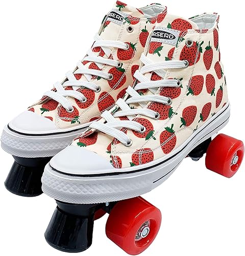 HASERD Patines para mujer con bolsas, patines de lona ajustables de doble fila para niñas, diseño temático de fresa y piña, estilo de tenis de lona