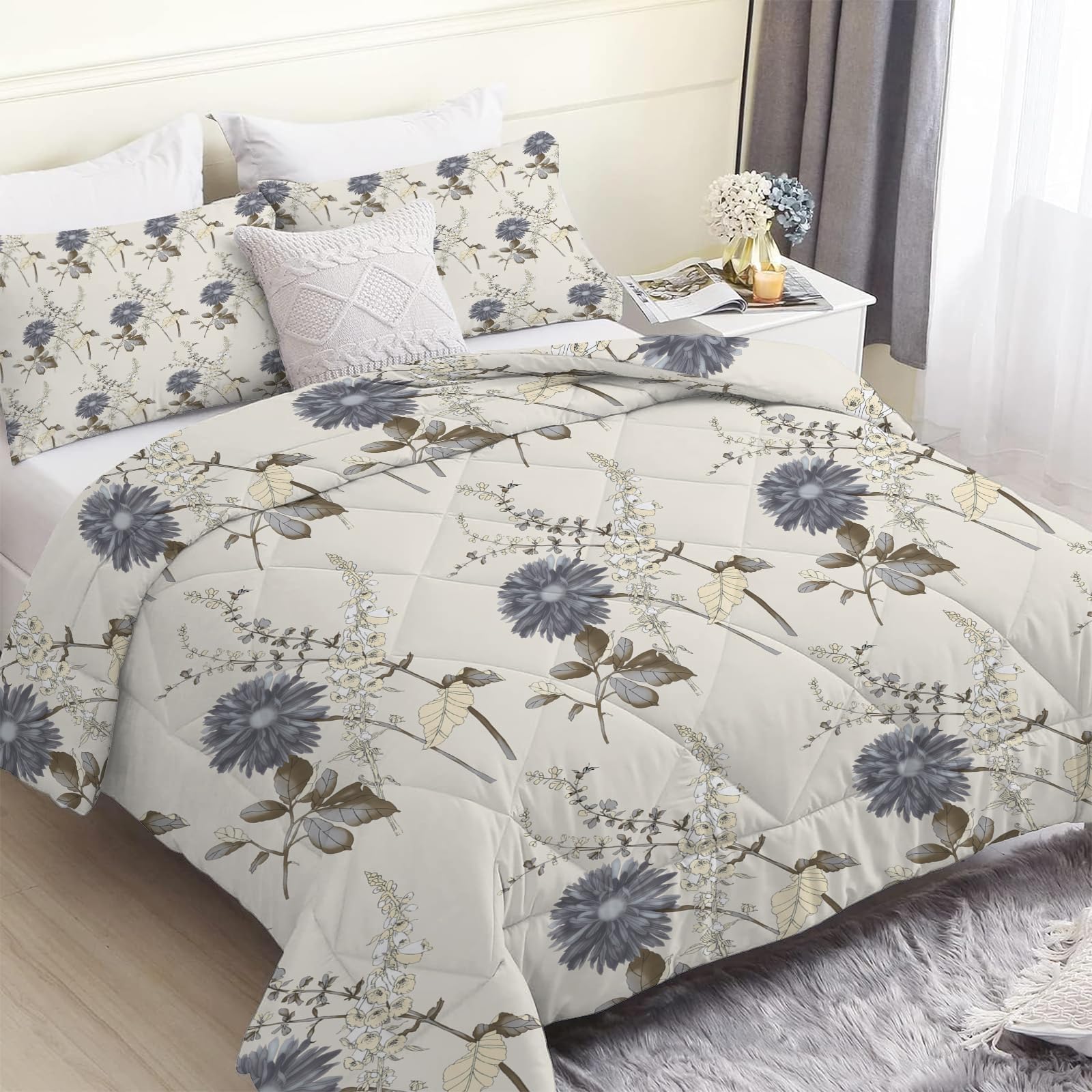 Linfye Beige Flowers Single Duvet, Reversible Coverless Floral Plant Branches Duvet Single, Anti Allergy Bed Quilt 7.5 Tog for All Seasons - 1 Soft Washable Comforter Bedding with 2 Pillowcases โ image 1