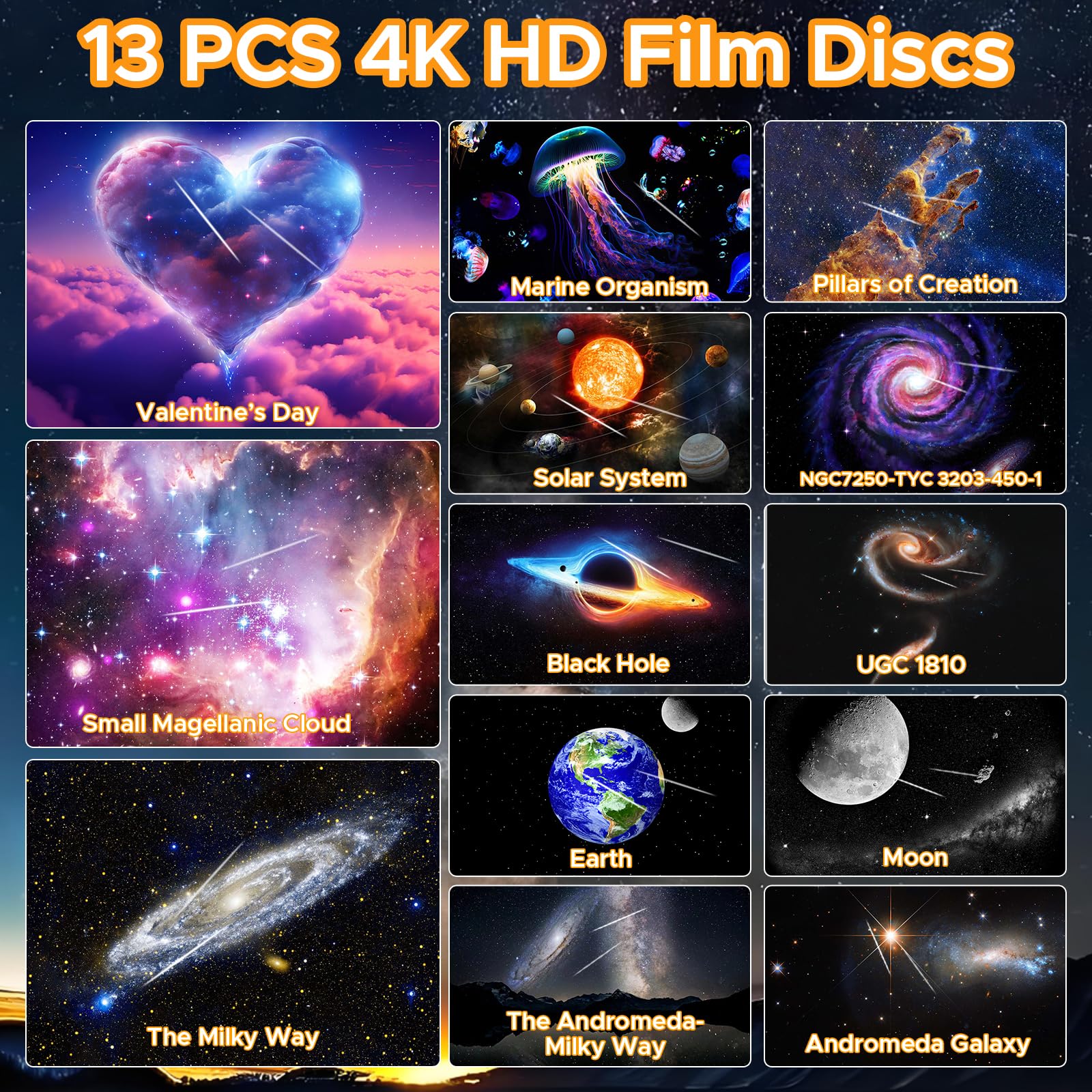 Proiettore Cielo Stella, HD Planetarium Proiettore con 13 Dischi di Film, Rotativo 360° Proiettore Galassia Luce Notturna Proiezione con Timer & Meteora Dinamica Per Camera Da Letto Soffitto Soggiorno