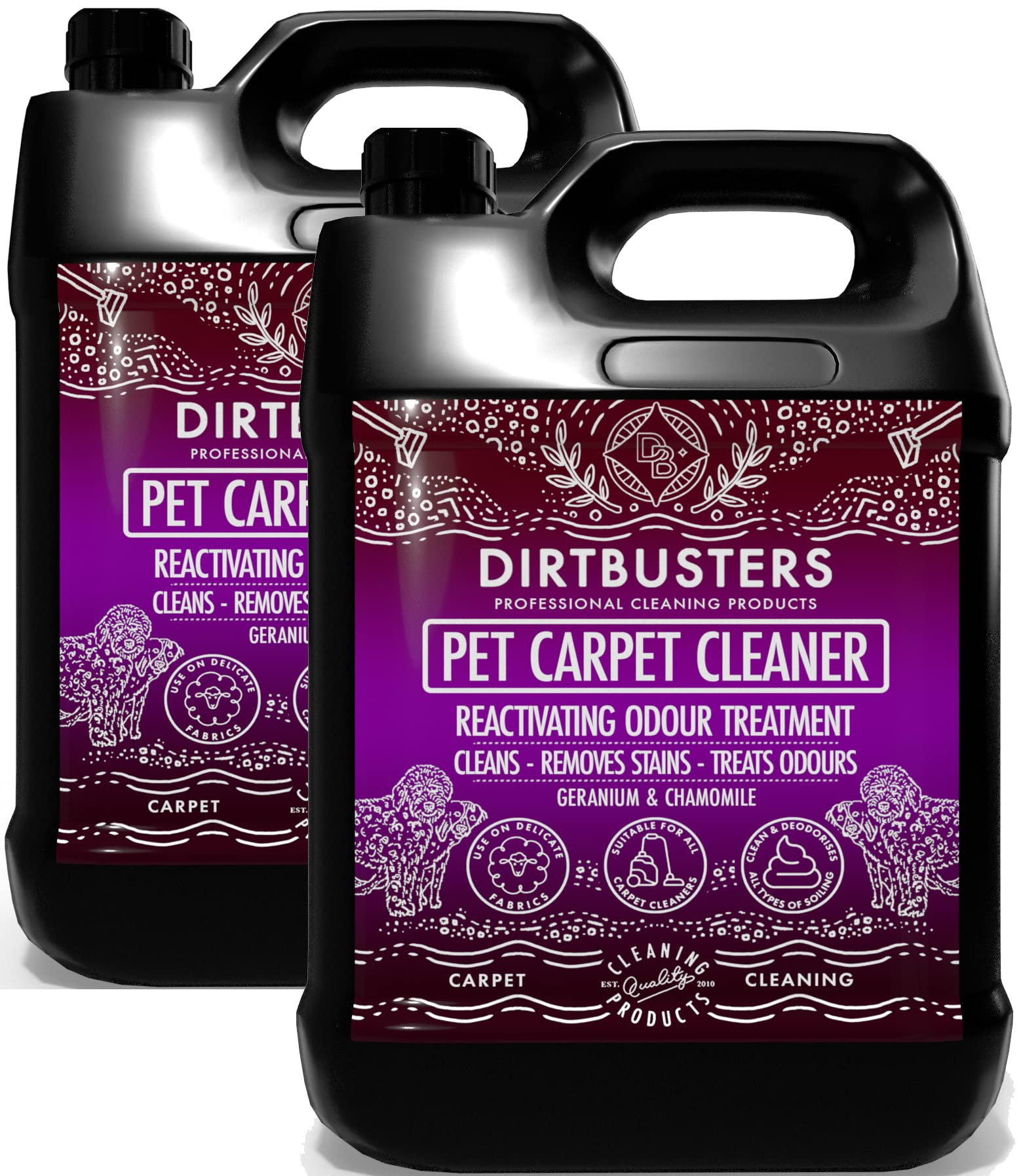 Dirtbusters Nettoyant pour tapis à animaux 5 litres. Shampooing professionnel pour moquettes avec traitement réactivateur d’odeurs, neutralise les odeurs d’animaux, 10 KG