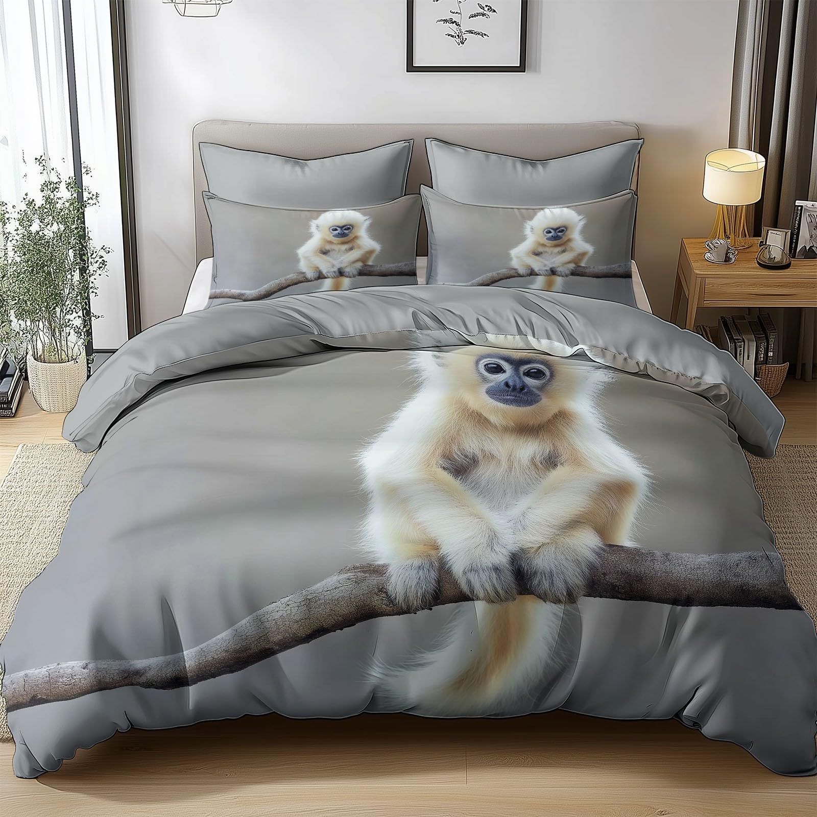 Housse de couette animalière anti-plis lit 2 personnes gris