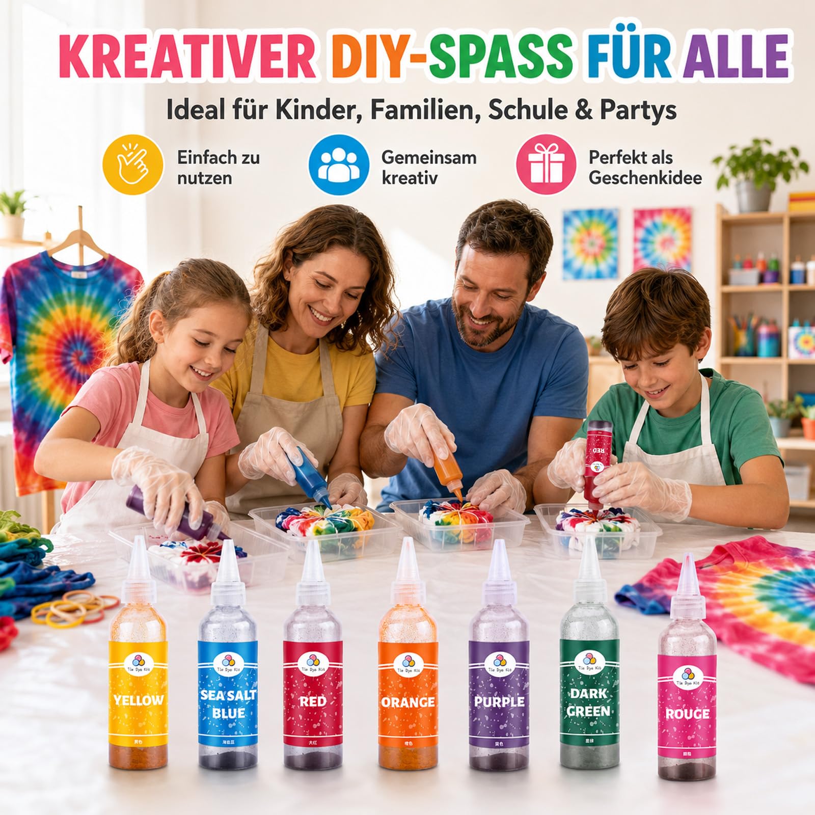 Batikfarben Set 7 Farben, Waschbare Textilfarbe für Kinder, Batikfarben Set Waschfest, Färbemittel für Textilien, Tie Dye Kit, Batik für T-Shirts, Stoffbeutel, DIY Kleidung, Stoffmalfarben