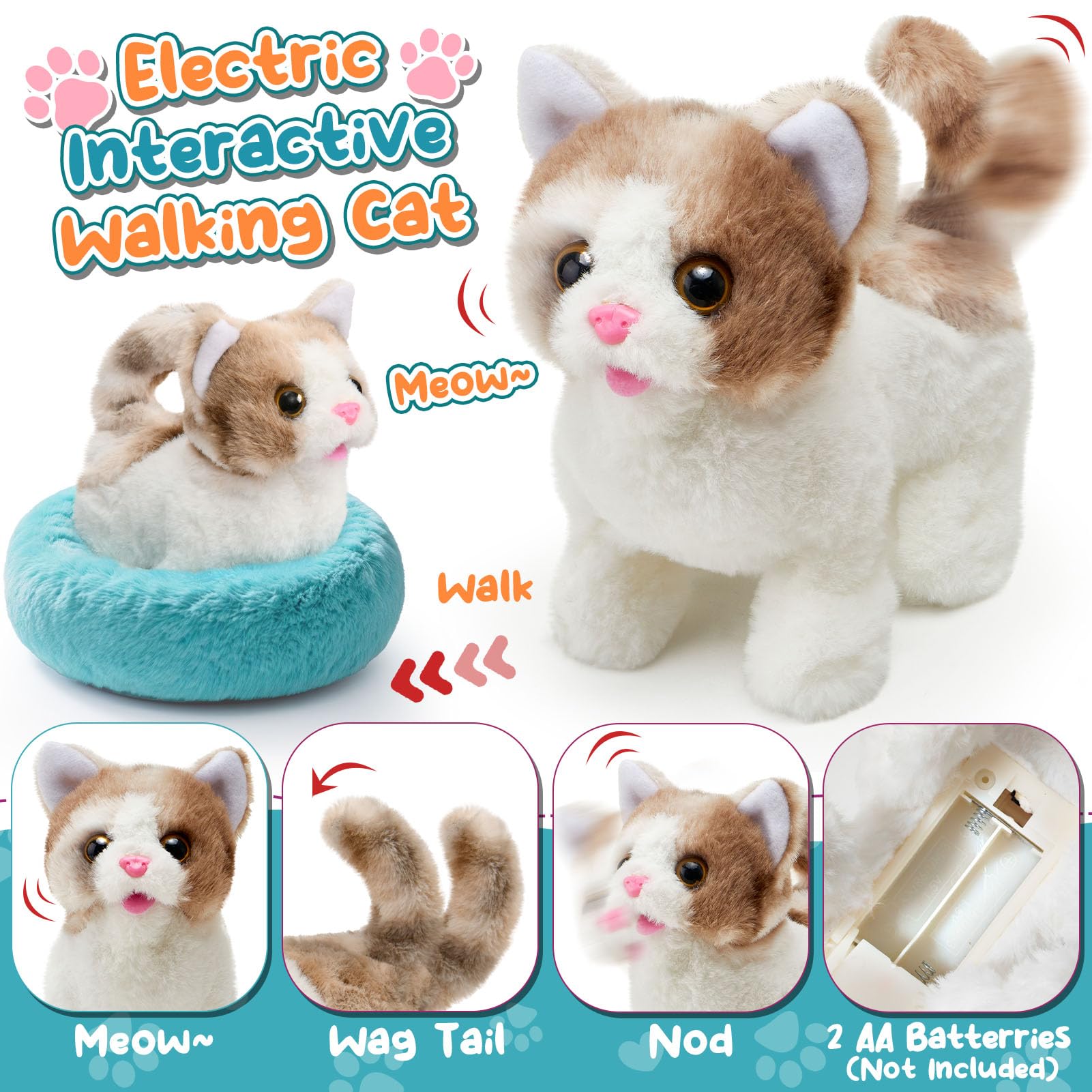 Peluche Chat Interactif Qui Marche Remuer La Queue Kit Medecin Enfant Jeu De Rôle Cadeau Jouet Fille 3-8 Ans