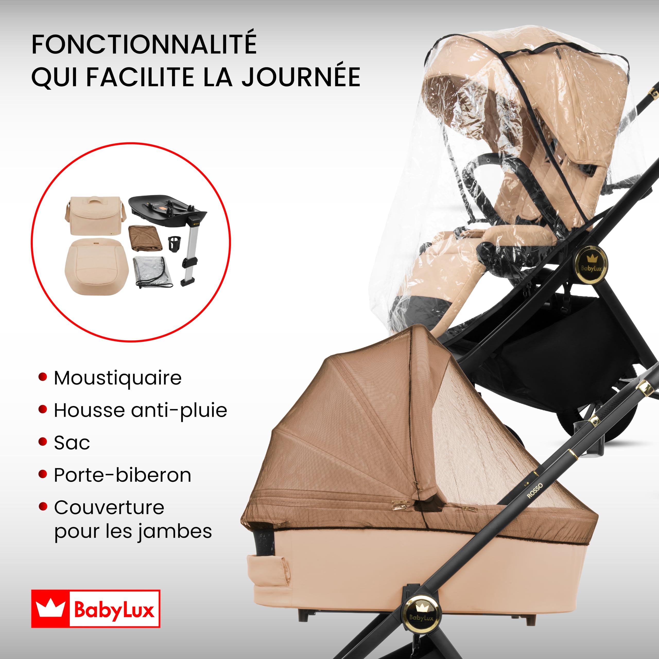 BabyLux Poussette 3en1 Set Rosse, Pliable Léger Poussettes Combinées Baignoire Bébé, Buggy Siège Sport, Coque Bébé I-Size, 4 Positions Couchage, 0-22kg
