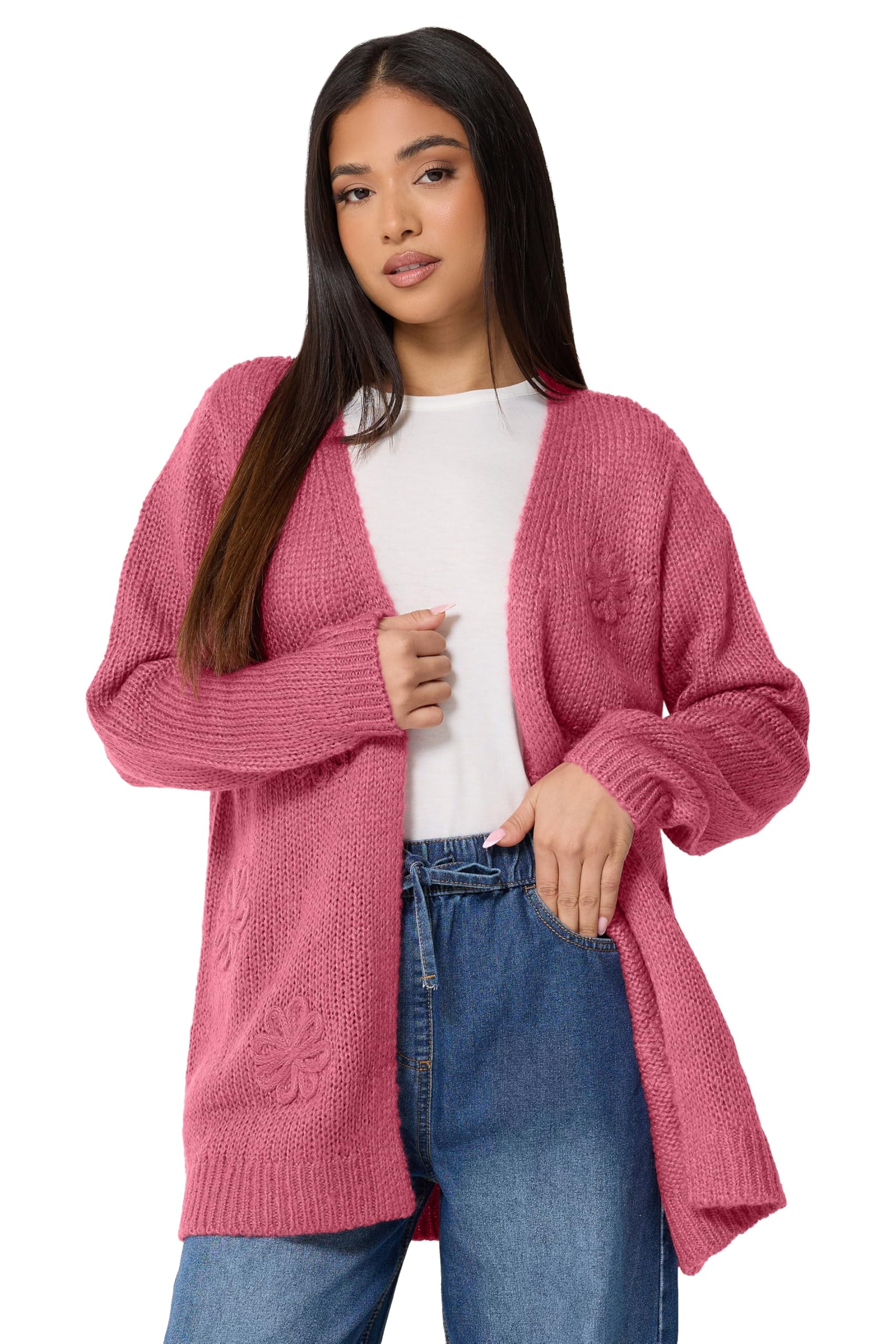 M&Co Women's Raspberry Petite Flower Embroidered Knitted Cardigan In Size 12-14