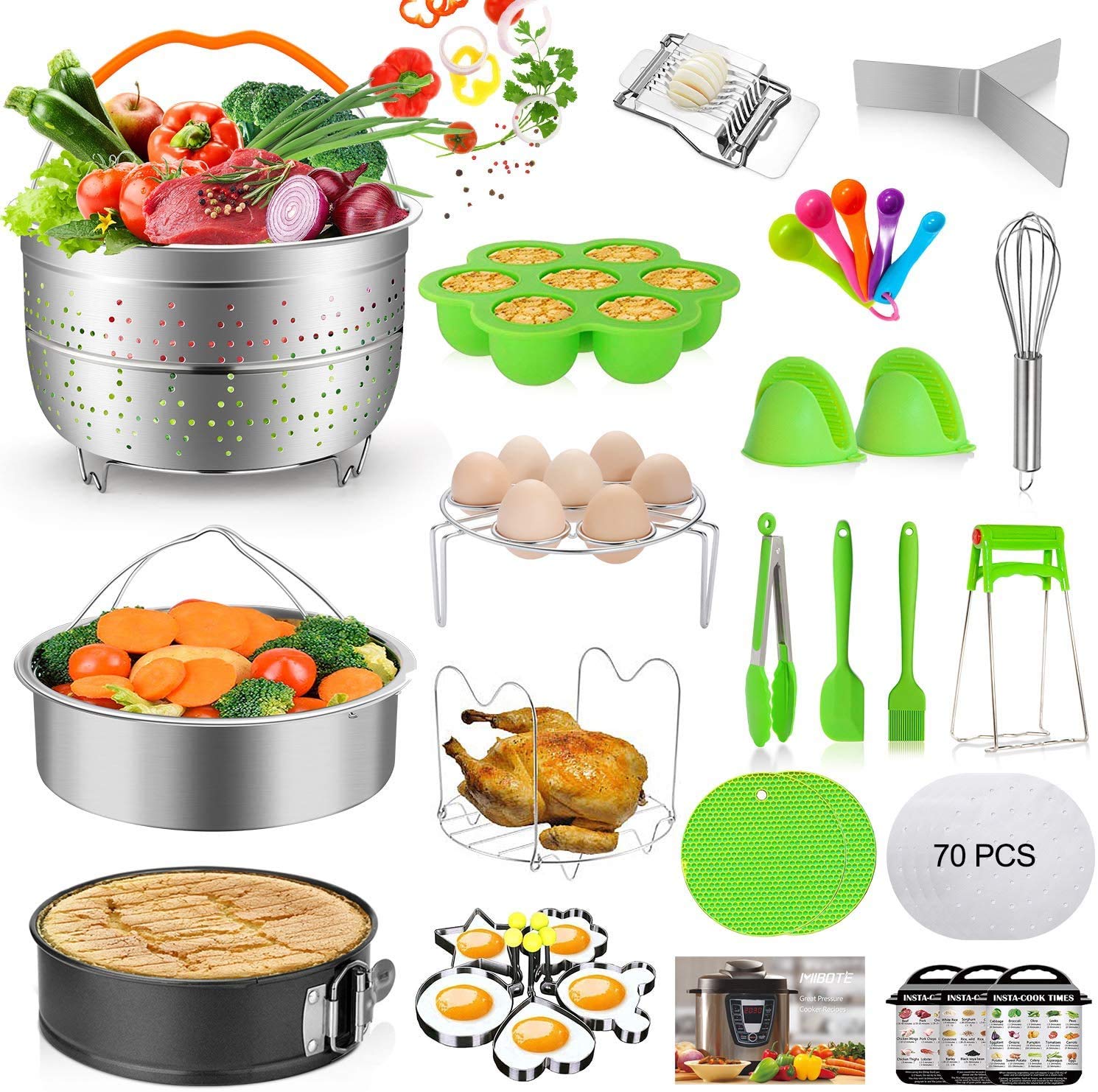 MIBOTE 101 PCS Accessories Set for Instant Pot 5,6,8 Qt, 2 Steamer Baskets, Springform Pan, Egg Steamer Rack, Egg Bites Mold, Kitchen Tong, Silicone Pad, Oven Mitts, Cheat Sheet Magnet