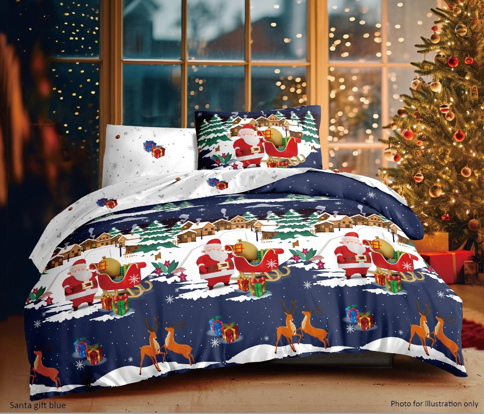 Charlotte Andersen Blue Chalotte Andersen Santa Christmas Duvet Cover Single – Reversible Xmas Bedding Set With Pillowcase – Santa Sleigh & Reindeer Design – Soft Festive Bedding For Kids & Adults (, Single)