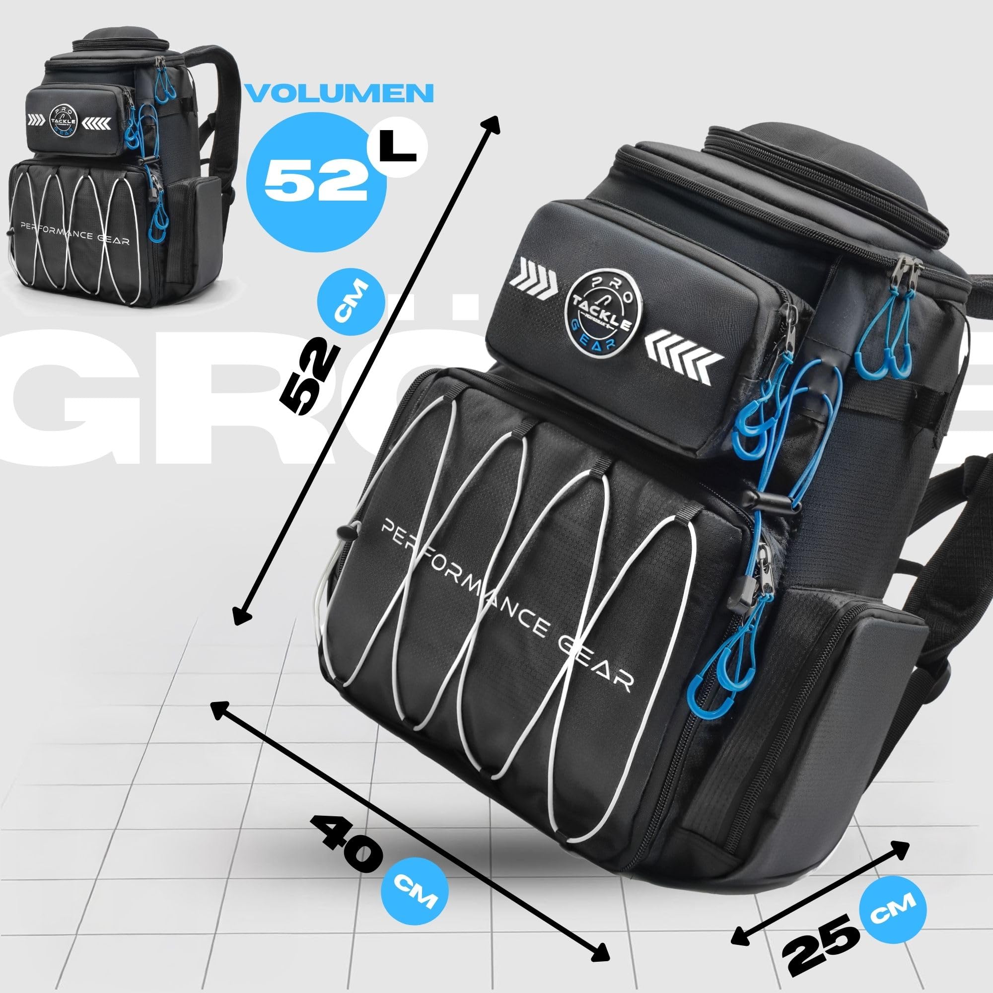 Pro Tackle STRIKE Bagpack – Robuster Angler Rucksack aus 420D Oxford Nylon, 2 Hauptfächer, Fronttasche, Seitentaschen, Brillencase, für Outdoor & Angeln – Schwarz