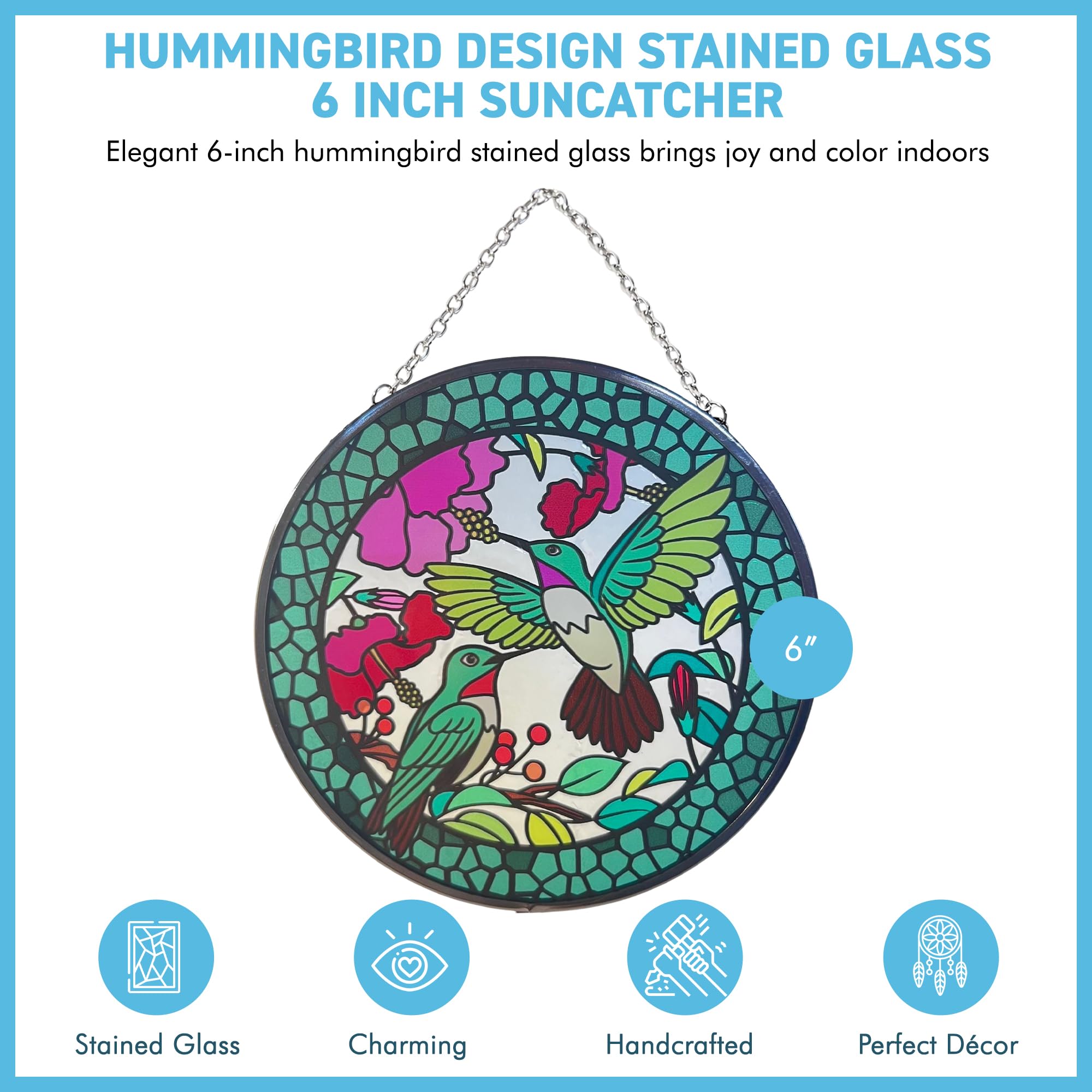 Hummingbird Design Stained Glass Suncatcher - 6-Inch Window Art Decoration, Multicolor, 6 Inch Diameter - Image 2