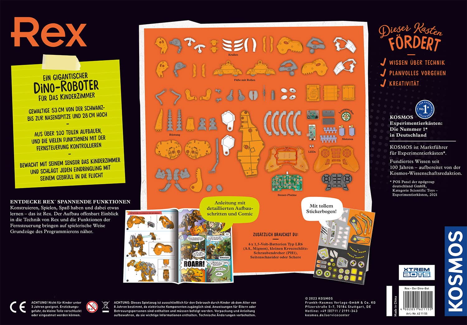 KOSMOS 621155 Rex - Der Dino Bot, Tyrannosaurus Rex, Roboter, Bausatz, Programmieren Lernen für Kinder, Spielzeug für Kinder, Infrarot, Experimentierkasten ab 8-12 Jahre