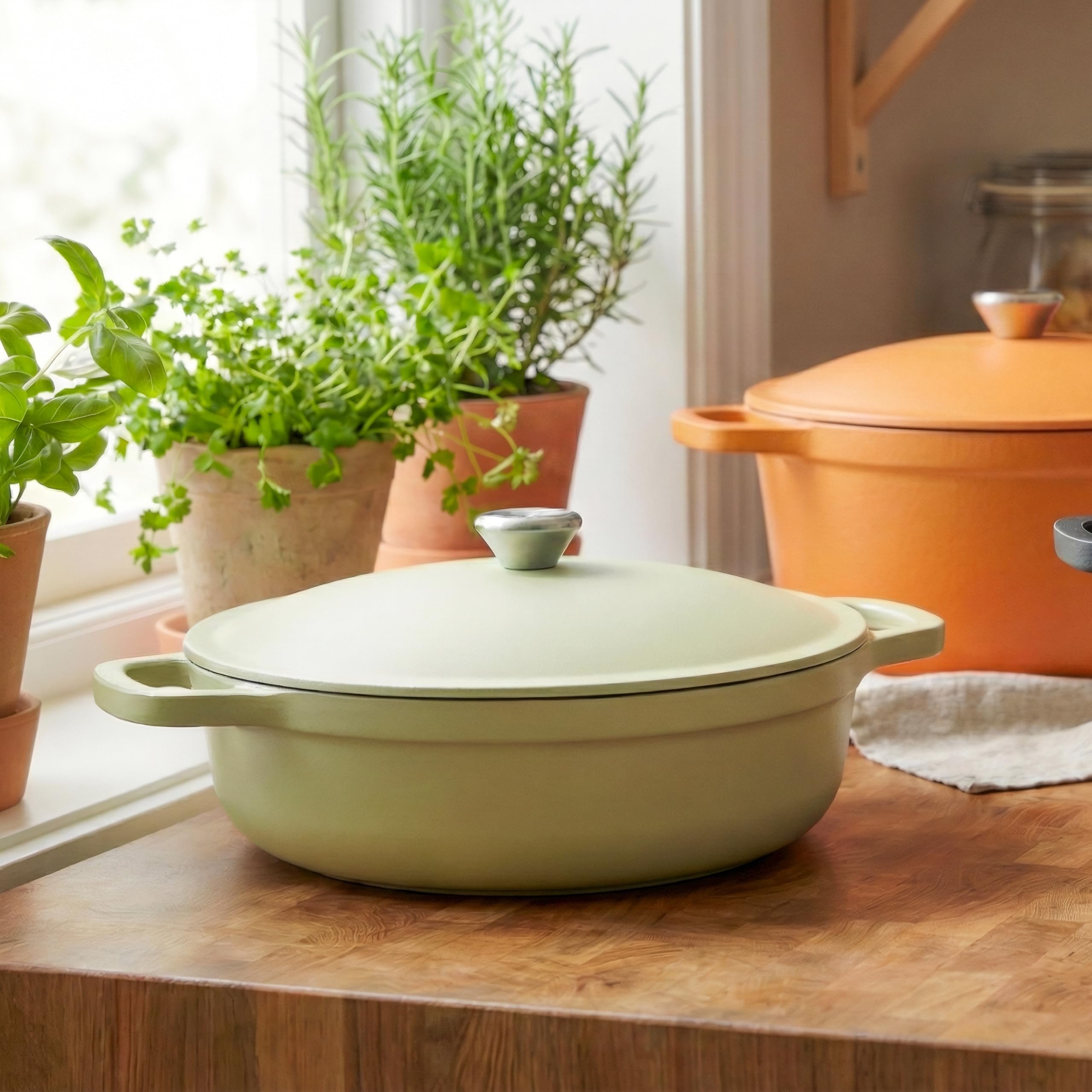 Lekki żeliwny garnek 26 cm, 4,5 l, zielony – garnek z pokrywką do gotowania i pieczenia chleba, emaliowana patelnia, kompatybilny z płytą indukcyjną