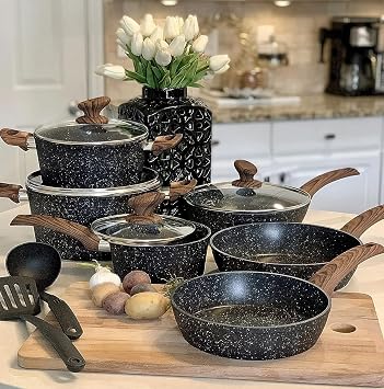 Kitchen Academy Induction Hob Pans Set - 12 Pieces Black Granite Kitchen Cookware Set Pots and Pans Set Non Stick
