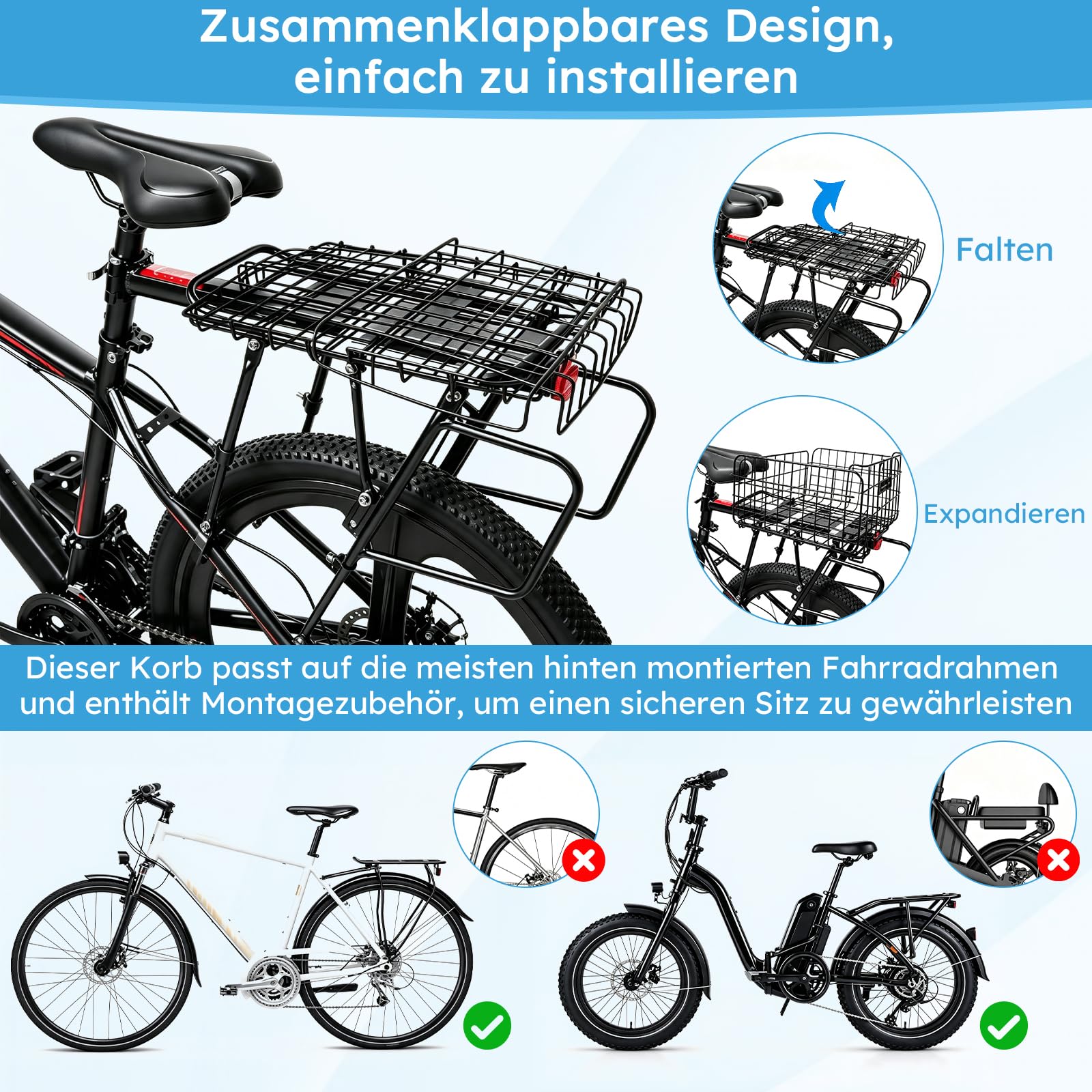 Fahrradkorb Hinten, Gepäckträgerkorb Faltbar, Großer Gepäckträger Korb Abnehmbar, mit Herausnehmbarer Innentasche und Regenschutz Fahrradkorb, für Fahrrad und Elektrofahrrad