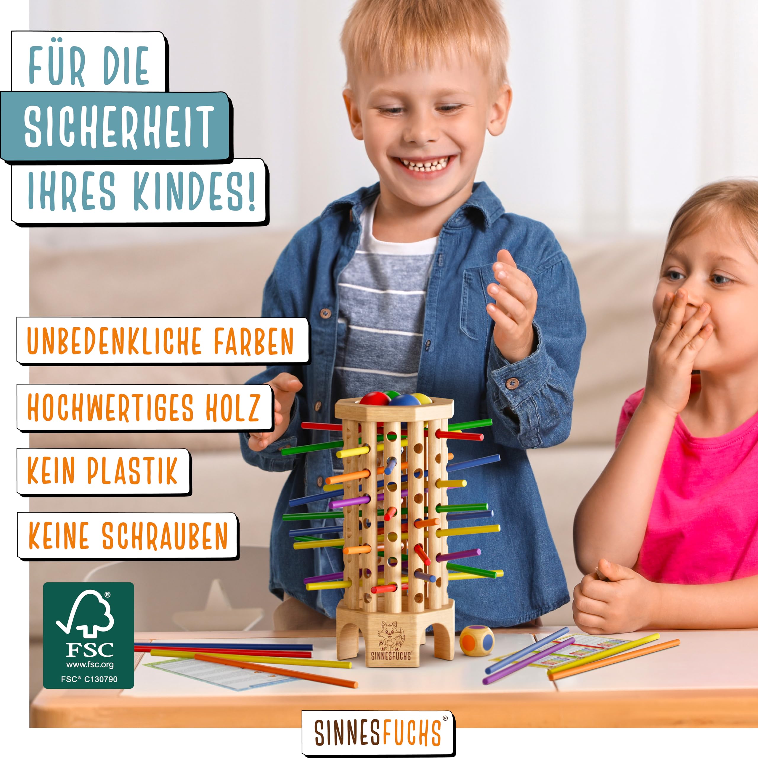 Farblernturm - FSC® 100% - Montessori Spielzeug ab 3 Jahre - Holzspielzeug pädagogisch wertvoll - Lernspiele ab 3 Jahre - Kinder Farben Stäbchen Holz Spiel - Kinderspiele ab 4 Jahre