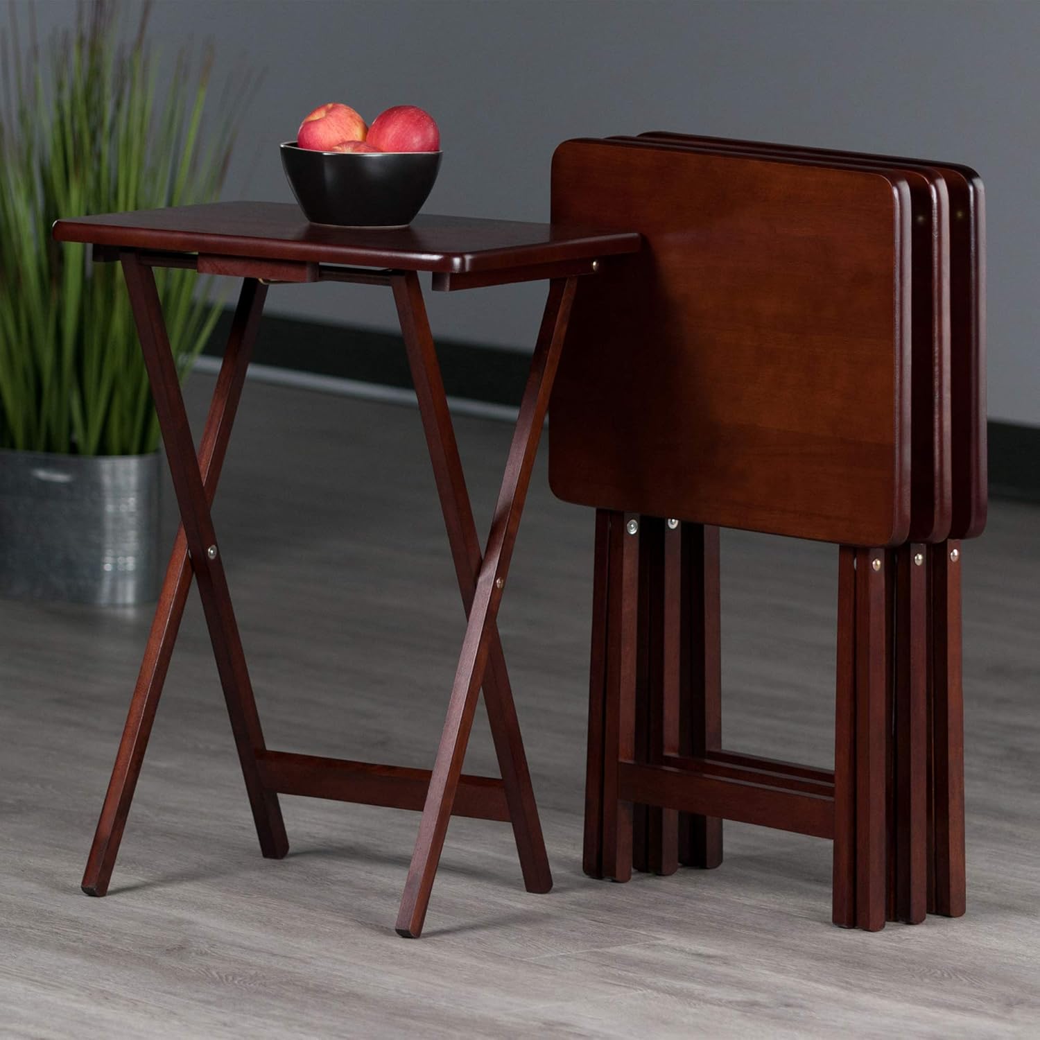 Winsome Alex Set of 4 Foldable Snack Tables with Storage Rack, 26" in Walnut, Easy to Store Portable Fold Up Table Set for Kitchen, Living Room TV Dining, Crafts, Puzzles, Work From Home
