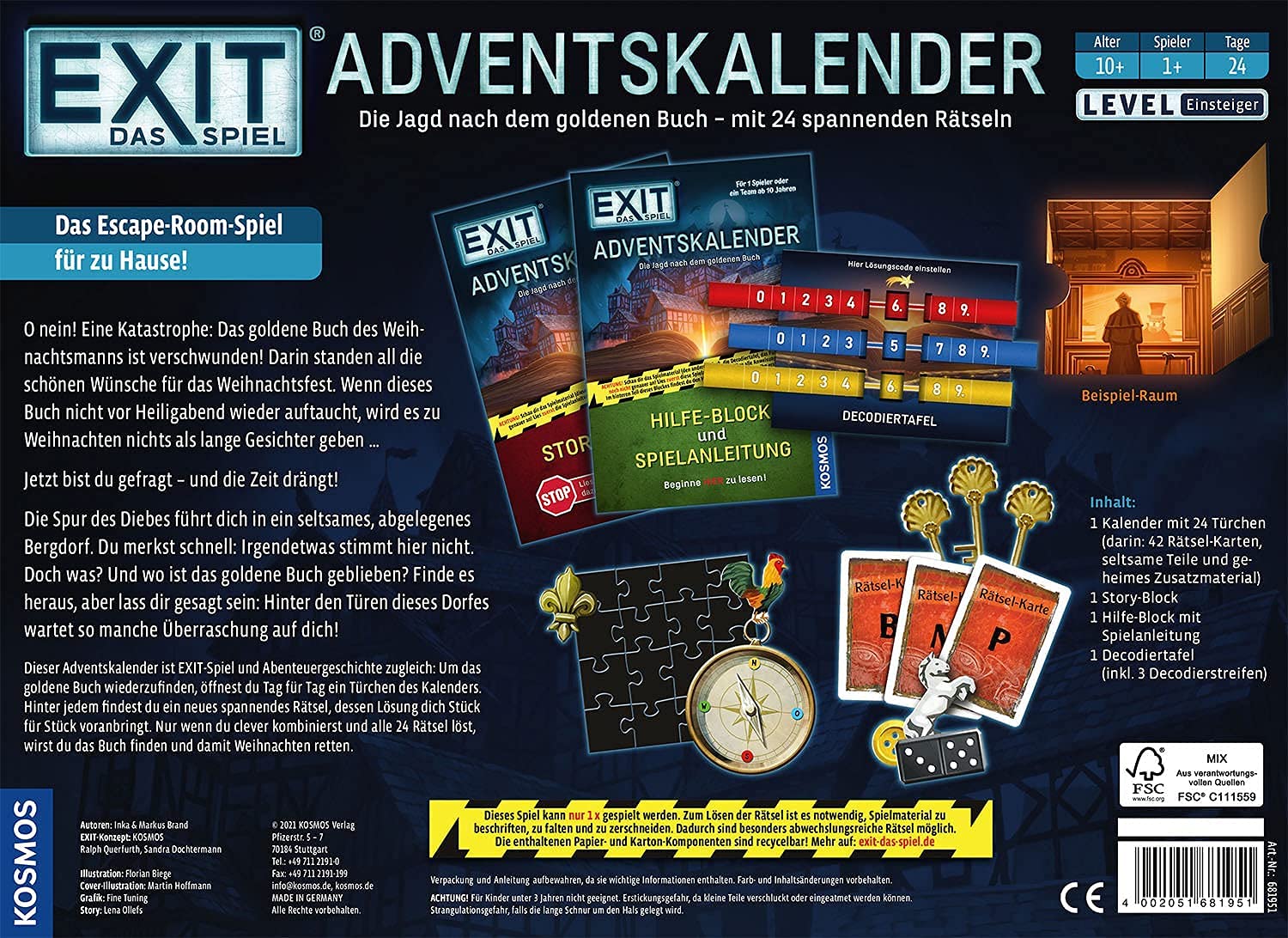 KOSMOS 681951 EXIT - Das Spiel Adventskalender: Die Jagd nach dem goldenen Buch, 24 spannende Rätsel ab 10 Jahre, Amazon Exklusiv, Escape Room Spiel vor Weihnachten
