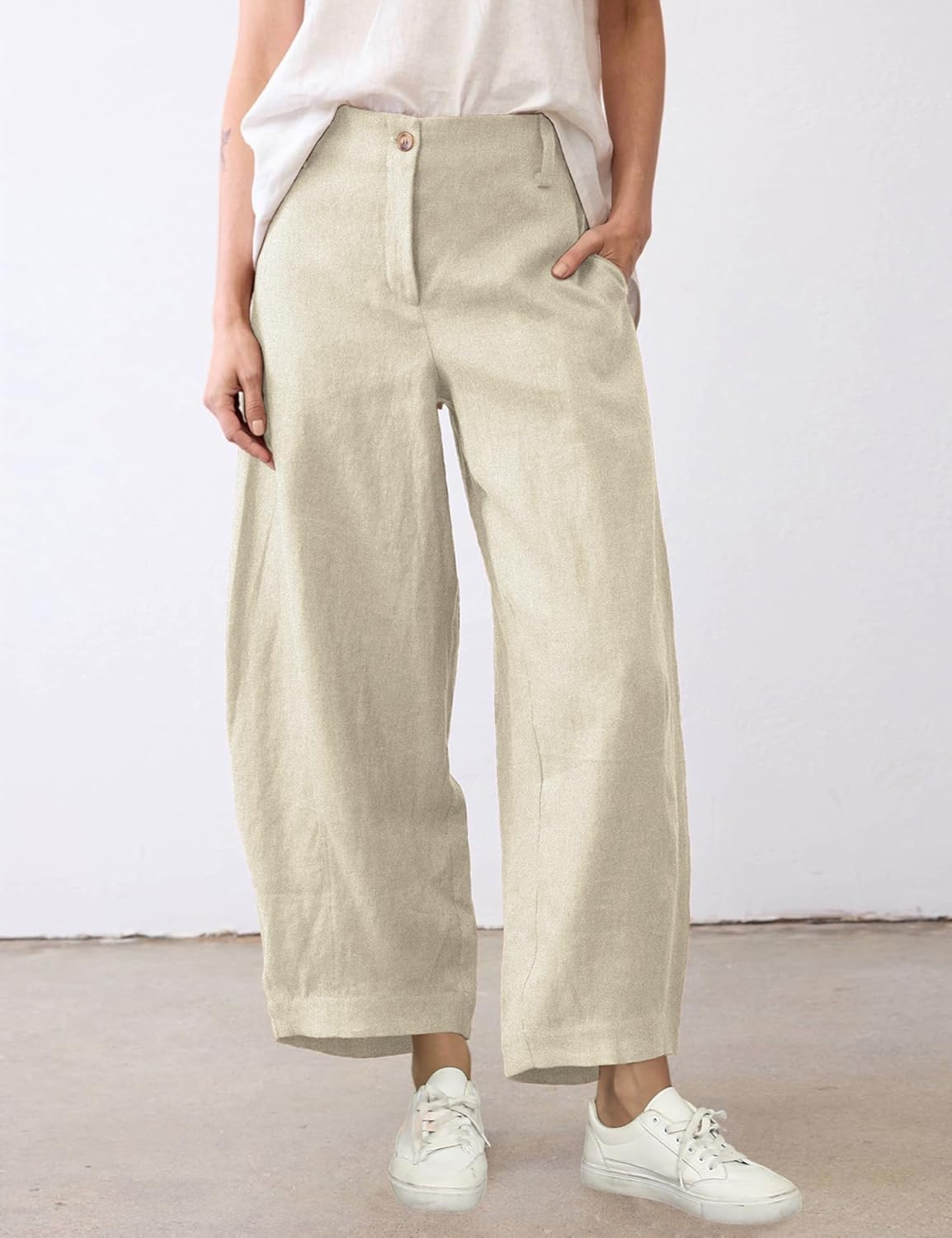 Tanming Womens Linen Pants Casual Capri Baggy Trousers Wide Leg Palazzo Pants Beach Vacation Outfits (Apricot-L) - Image 2