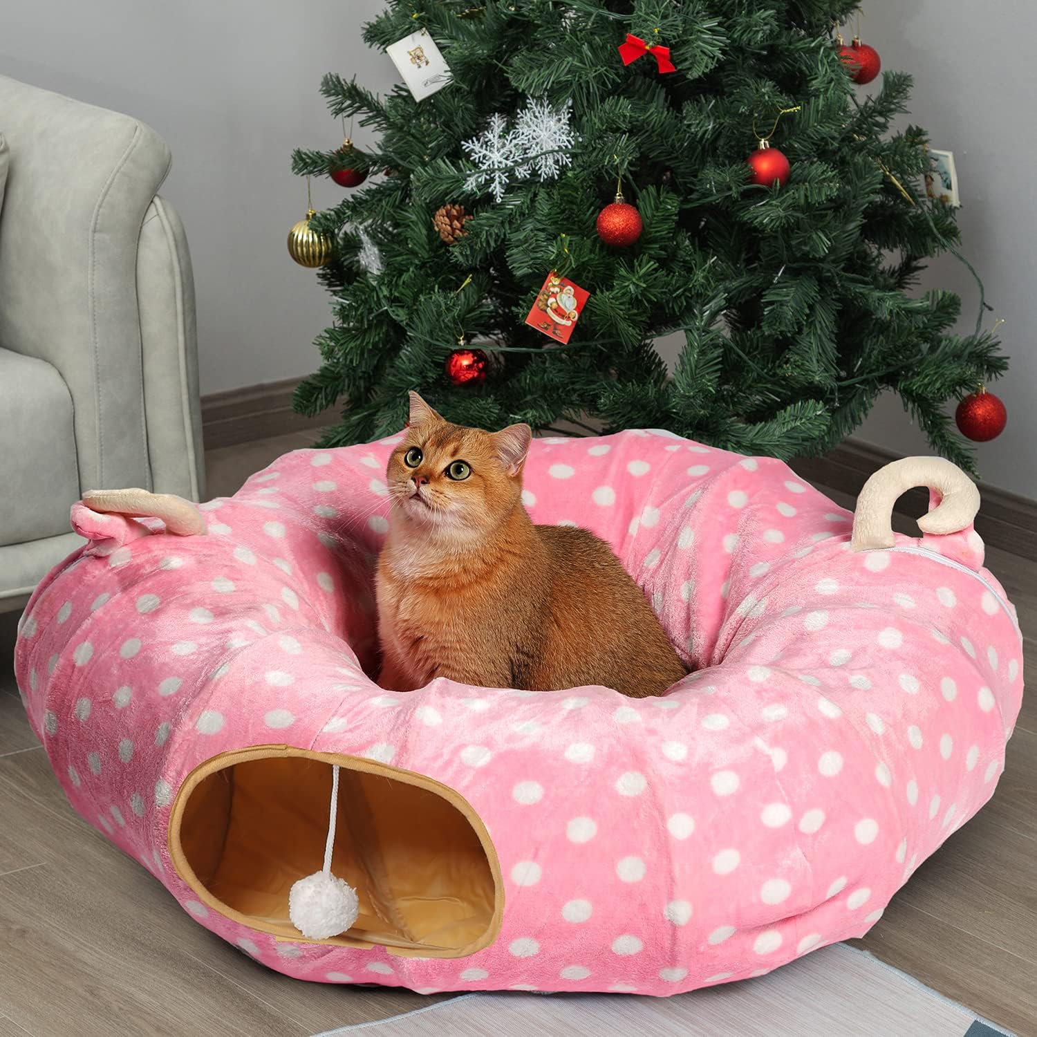 Pink Plush Polka Dot Cat Tunnel Bed with Central Mat