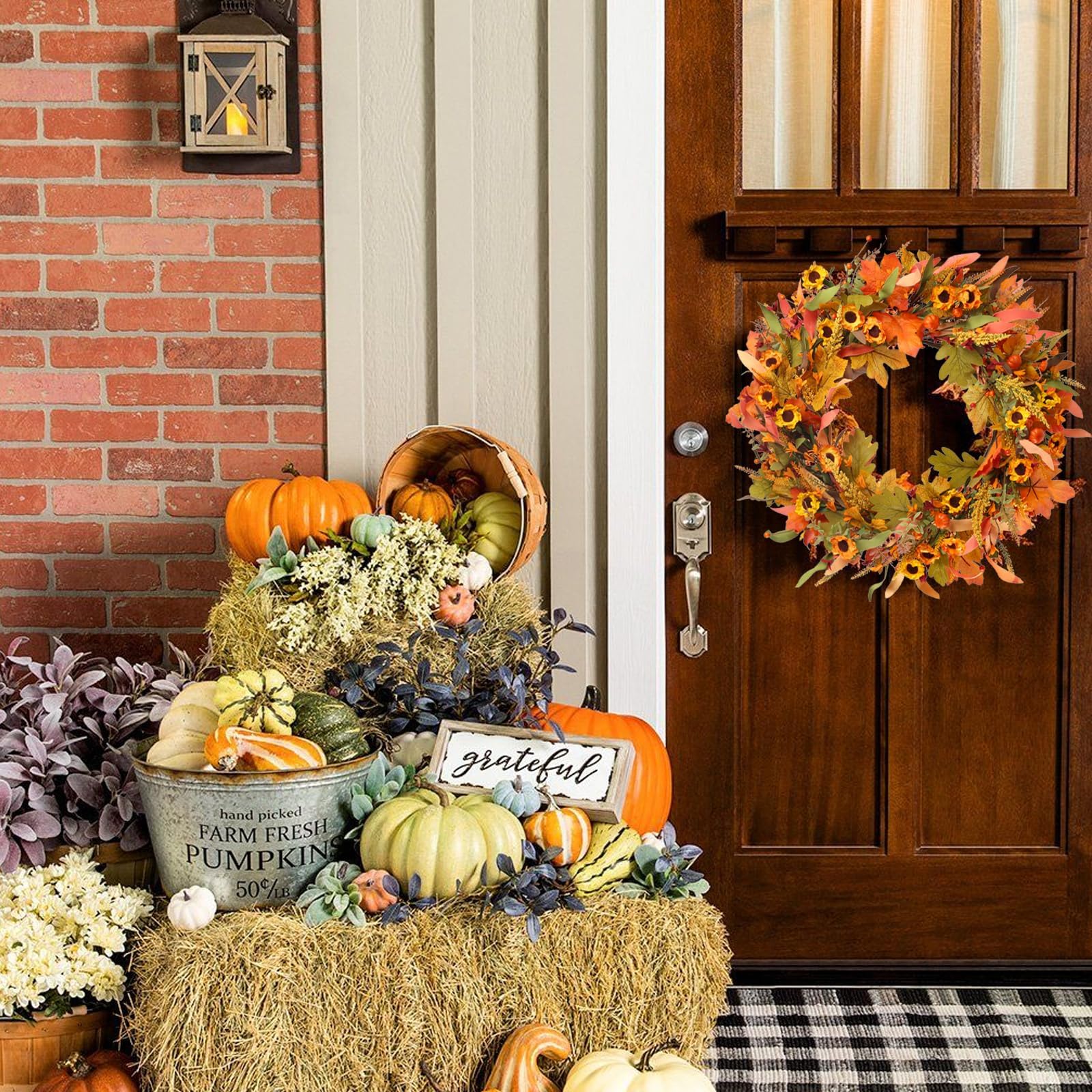 Zythrem Couronne d'automne pour porte d'entrée 61 cm / 24in Couronne de tournesol artificiel