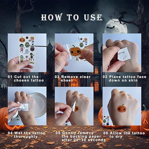 Miniatura 7 de 300+ Mixed Styles Temporary Tattoos for Halloween Fun - Both Cute and Scary Patterns - Pumpkin Sugar Spider Scar Skeleton Zombie & More Designs for