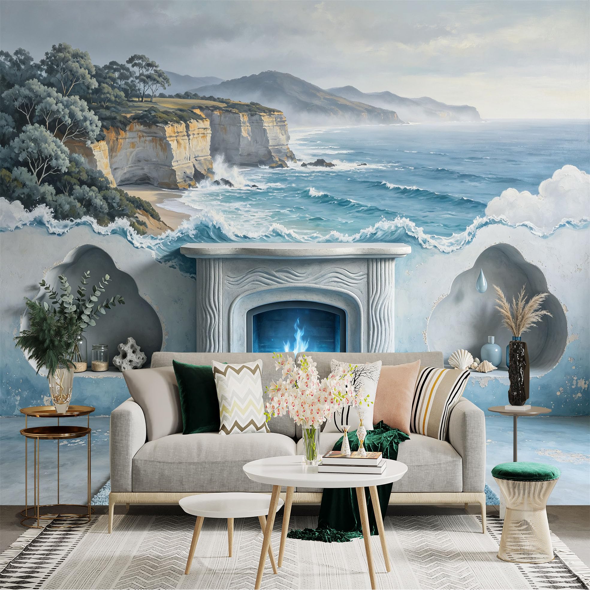 Lnzczhyre Bh260719528 Custom Size Wall Sticker Mural， Coastal Ocean Scenery， Crashing Waves And Rocky Cliffs， Scenic Seascape View， For Wall Decoration， Peelandstick Wall Decals.