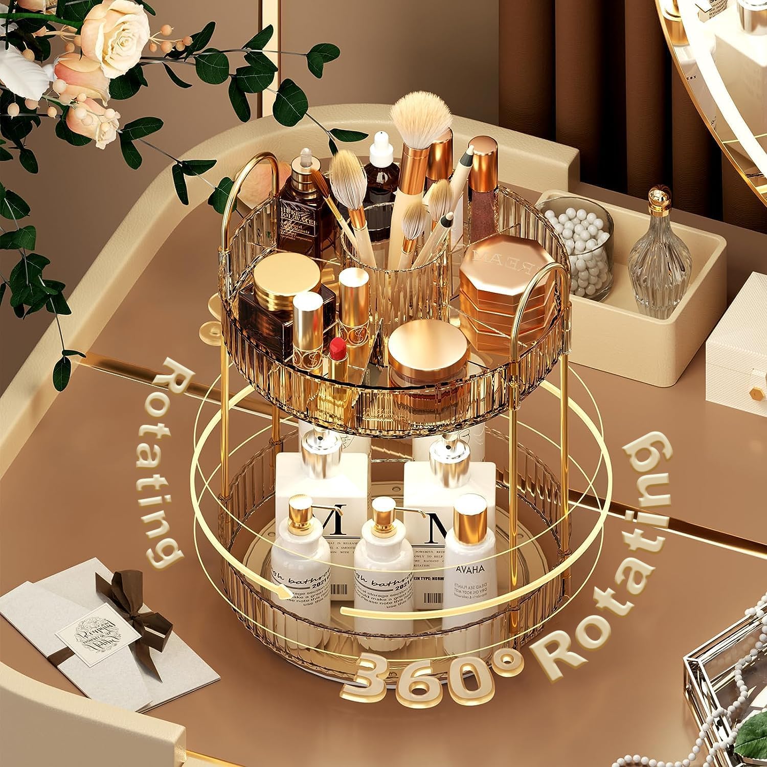 IJIAMY 360 Rotating Makeup Organiser, Spinning 3 Tiers Perfume Organiser, Skincare Cosmetic Organizer, Dressing Table Organiser for Lipsticks,Jewelery, Brush, Vanity Desk, Bedroom, Bathroom 3 81O5+KYzTuL. AC SL1500